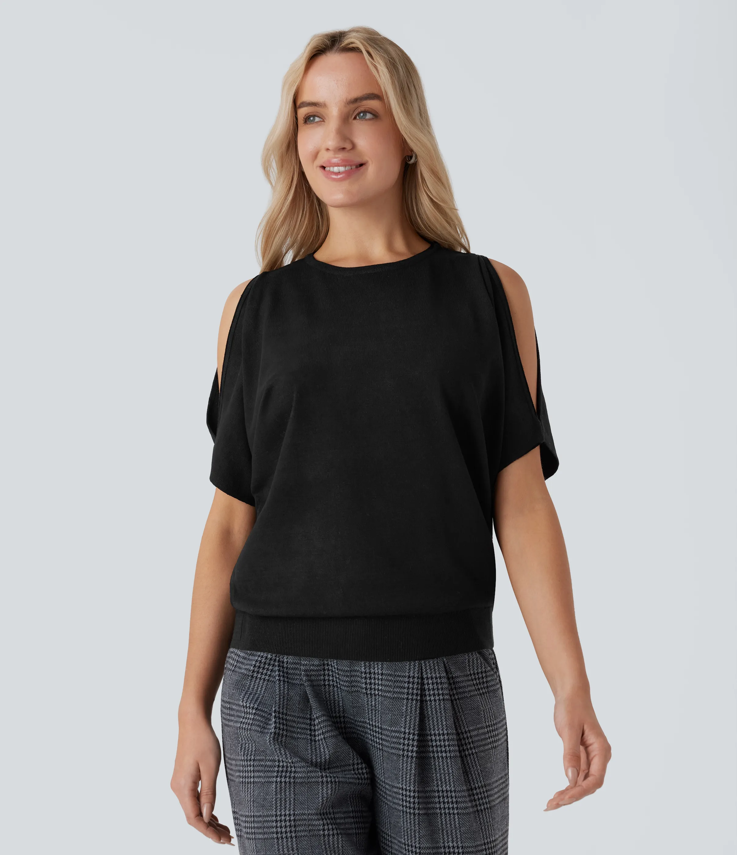 Halara Suéter oficina manga corta cuello redondo sin hombro - Black - XS sold by Halara