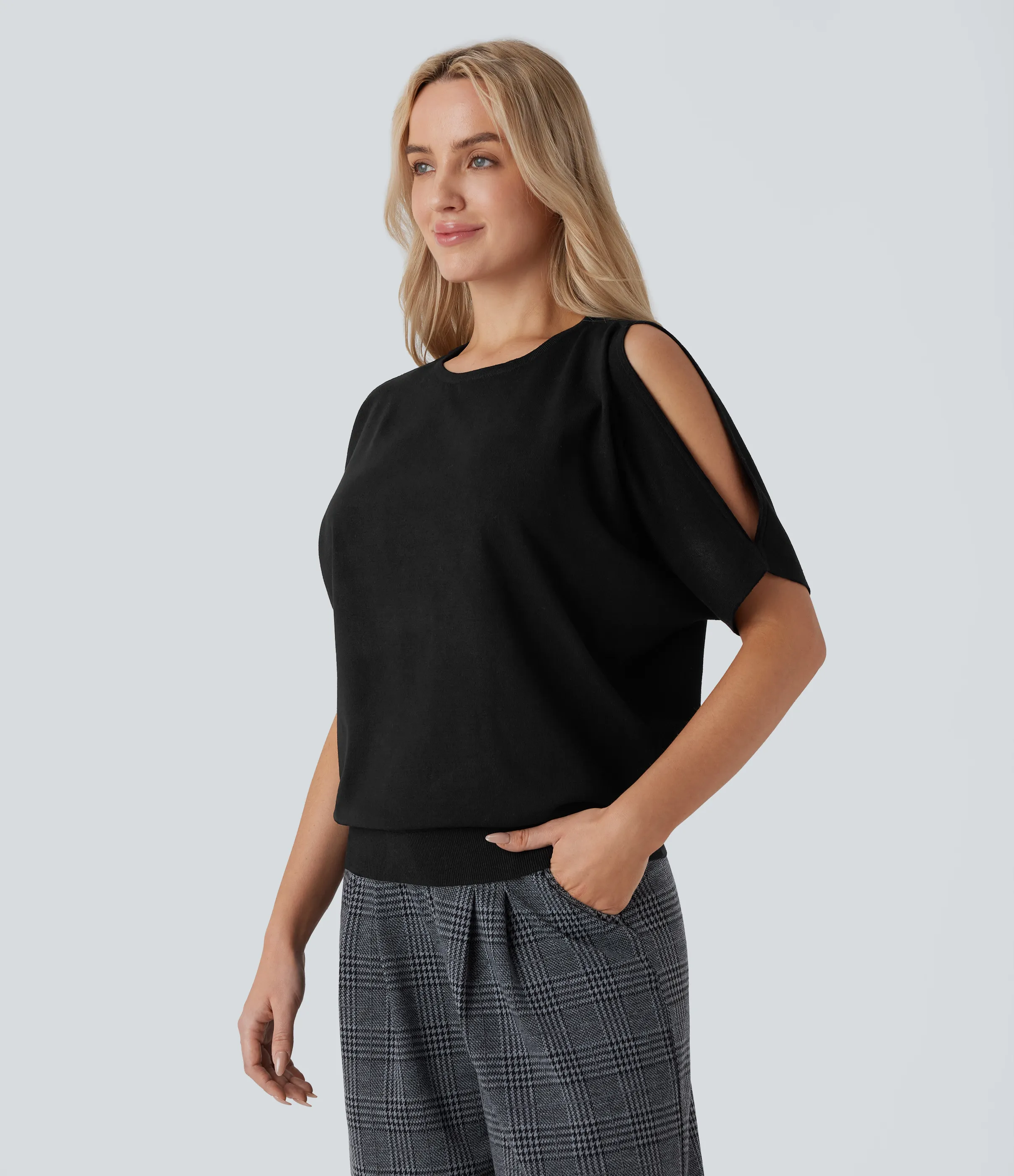 Halara Suéter oficina manga corta cuello redondo sin hombro - Black - XS sold by Halara product image thumbnail 4