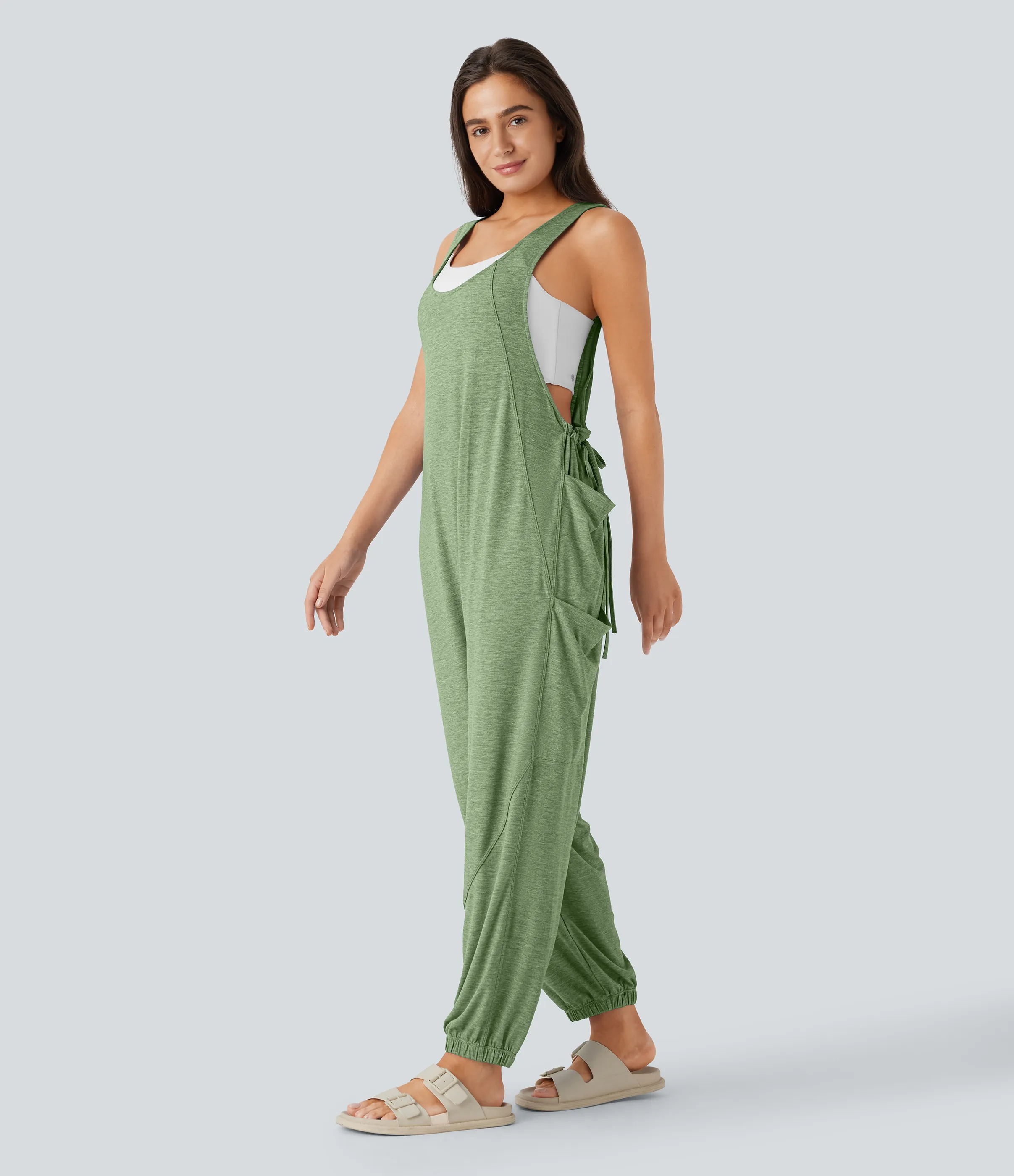 Halara Mono cuello U cordón múltiple bolsillo - Light Green Floral Yarn - M(regular) sold by Halara