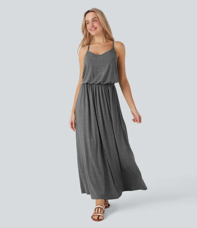 Halara Vestido largo fluido con tirantes ajustables y bolsillos para vacaciones - Darl Gray Floral Yarn - M made by Halara