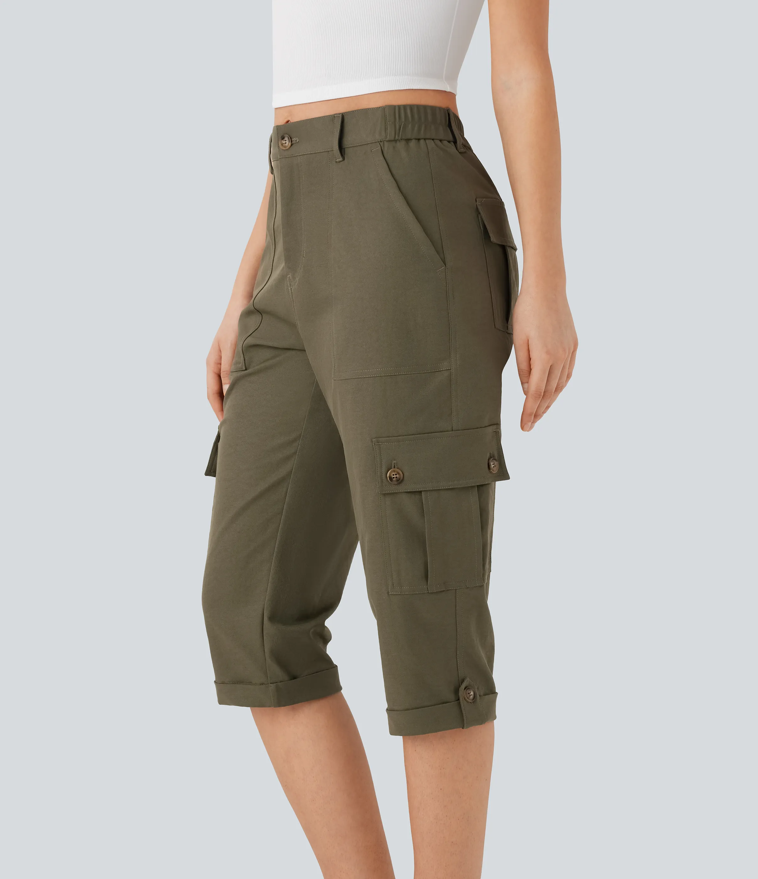 Halara Pantalones cargo casuales de tiro medio con dobladillo enrollado y bolsillos con solapa - Dusky Green - XL(regular) sold by Halara