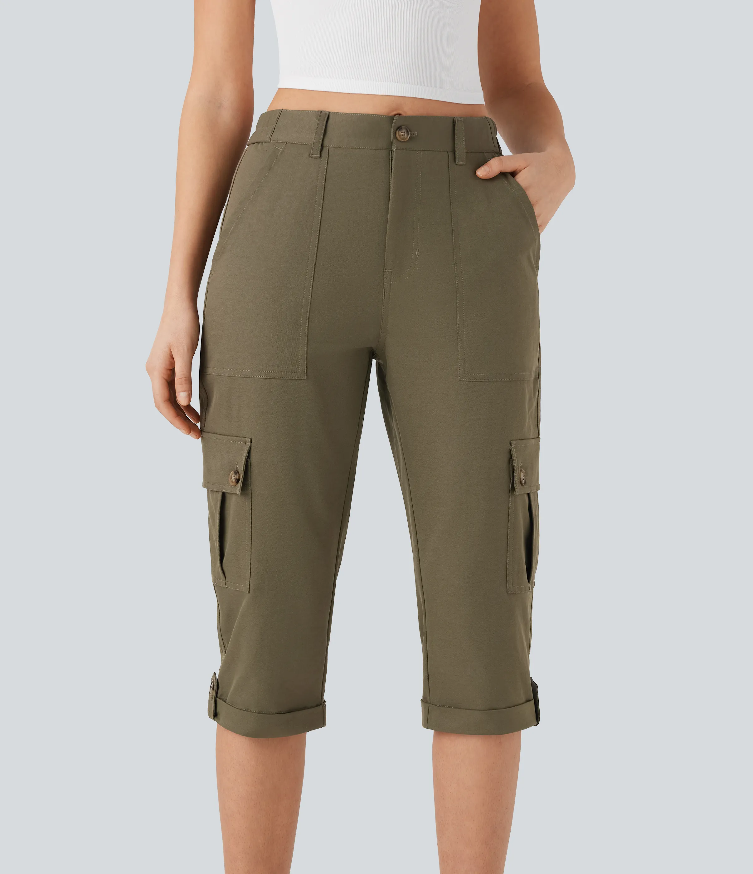 Halara Pantalones cargo casuales de tiro medio con dobladillo enrollado y bolsillos con solapa - Dusky Green - XL(regular) sold by Halara product image thumbnail 4