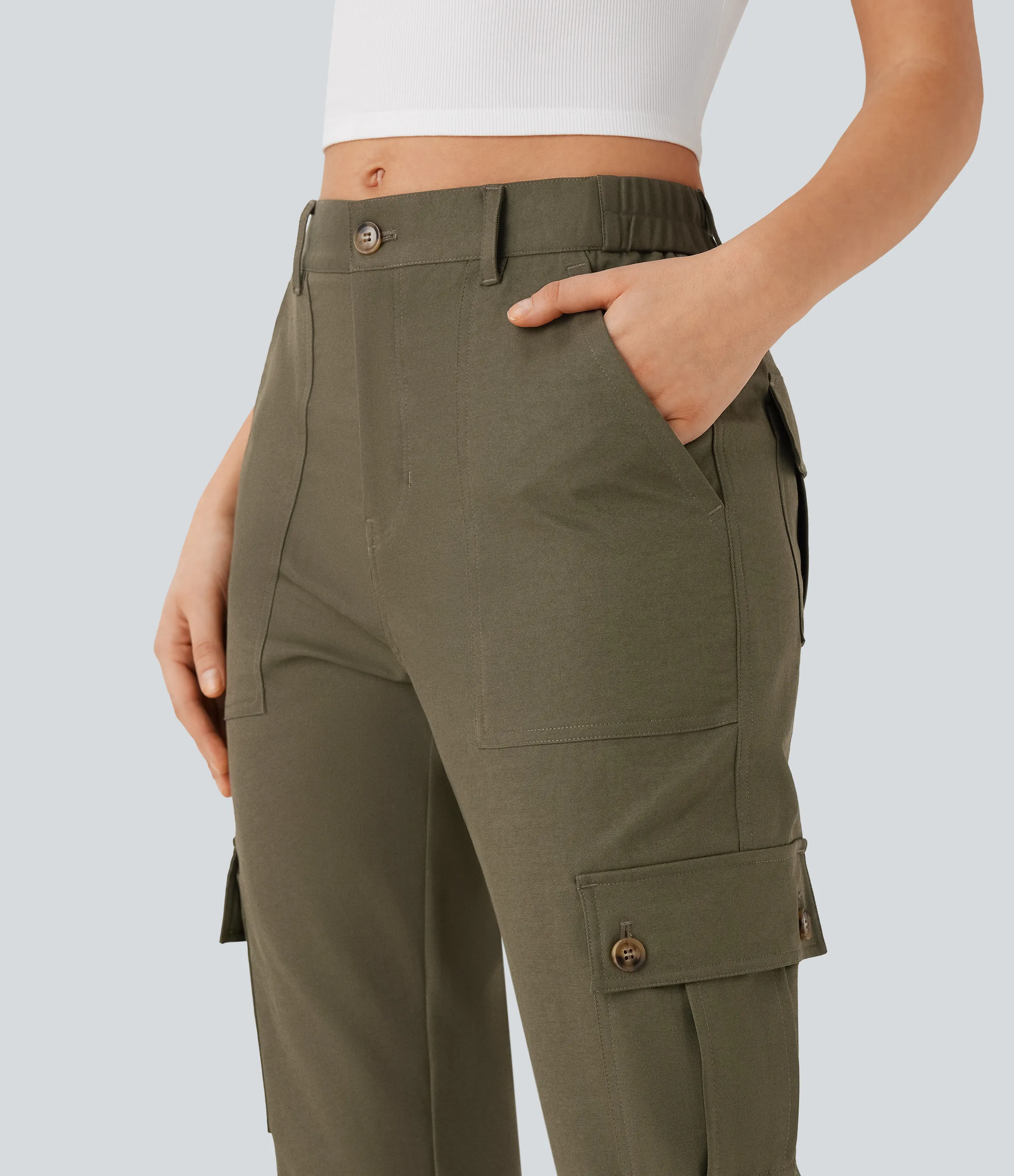 Halara Pantalones cargo casuales de tiro medio con dobladillo enrollado y bolsillos con solapa - Dusky Green - XL(regular) sold by Halara product image thumbnail 5