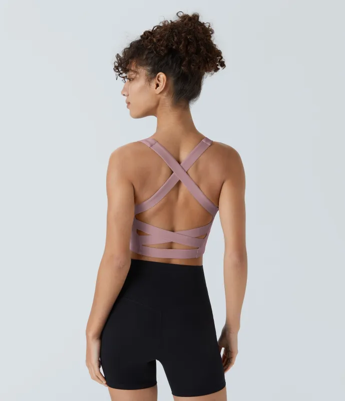 Halara Top corto de yoga SoftlyZero™ Airy con escote cuadrado, sin espalda, tirantes cruzados y tacto fresco-UPF50+ en copas D-F - Deep Lotus Pink - S made by Halara