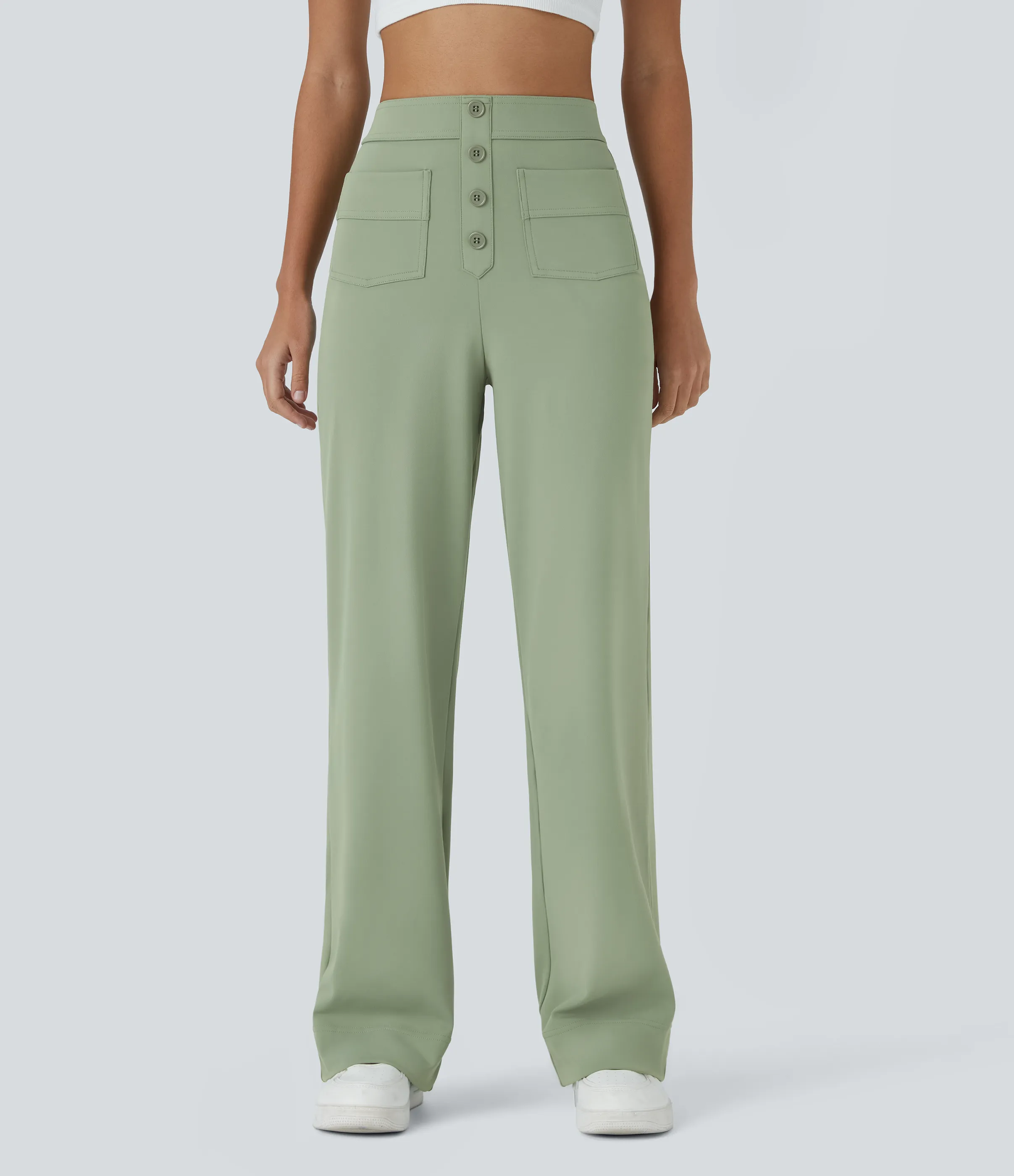 Halara Pantalones pierna recta múltiple bolsillo botón tiro alto - Asparagus - L(extall) sold by Halara product image thumbnail 2