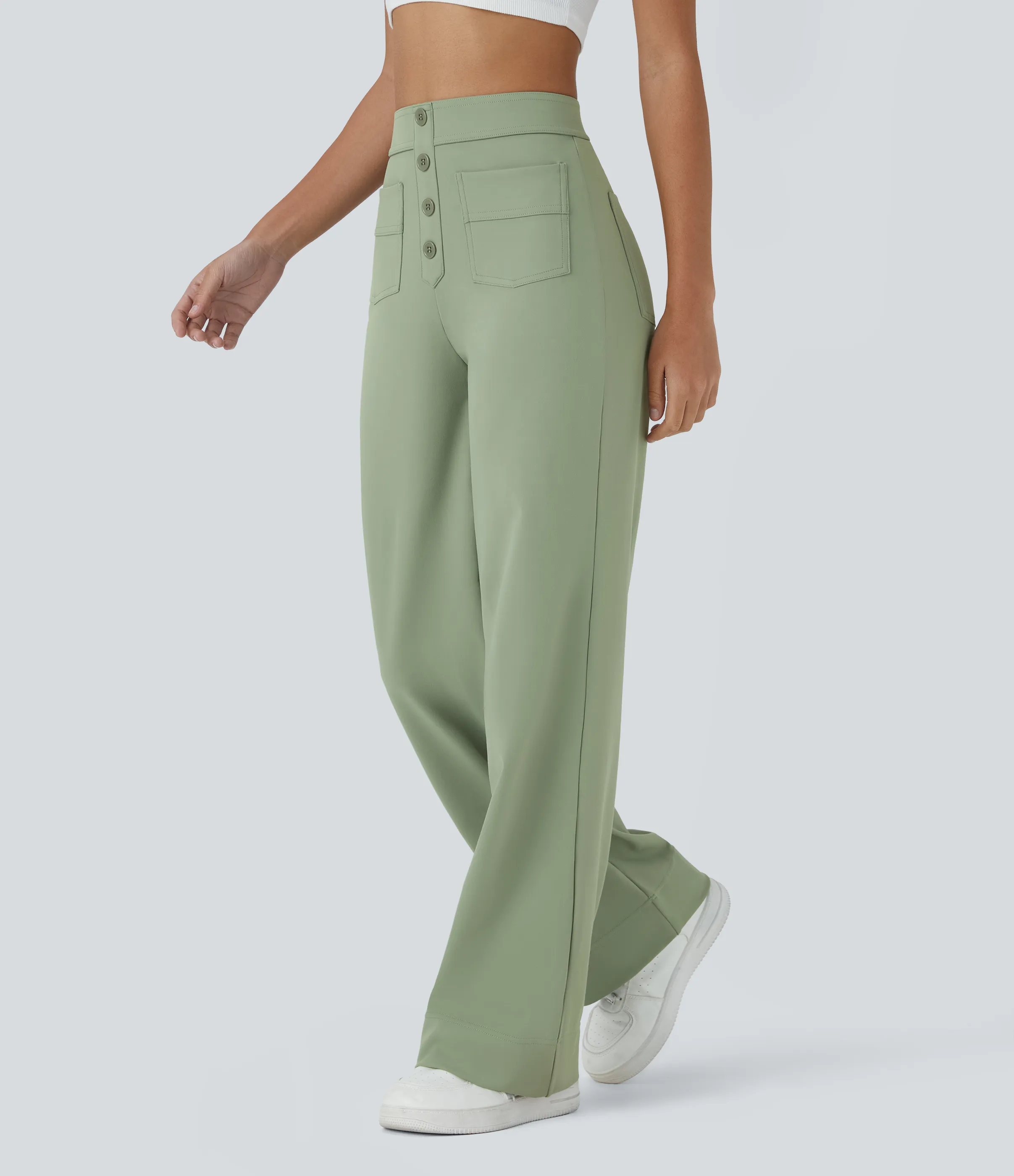 Halara Pantalones pierna recta múltiple bolsillo botón tiro alto - Asparagus - L(extall) sold by Halara product image thumbnail 4