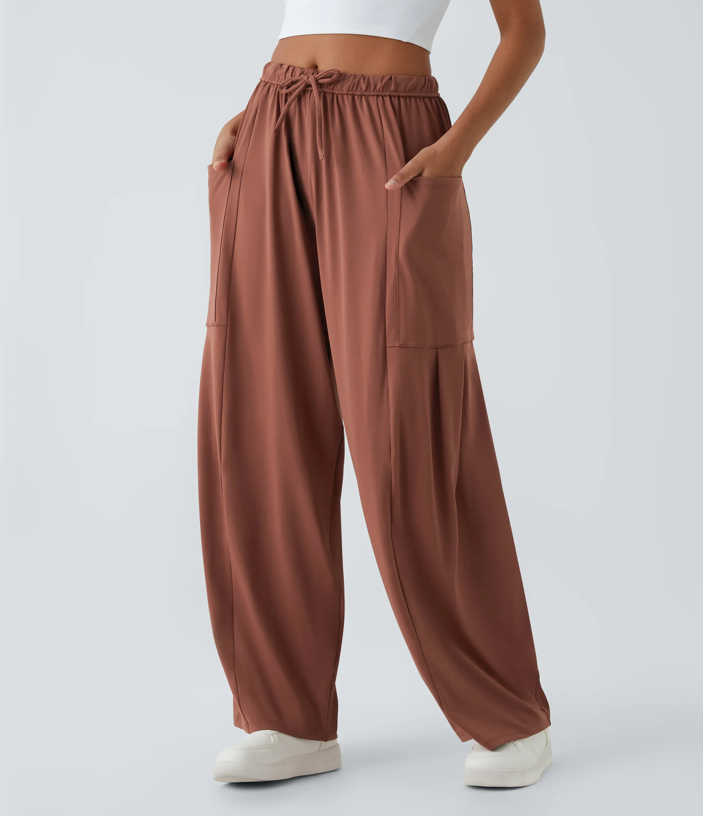 Halara Pantalón pierna ancha fluido palazzo bolsillo lateral cordón ajustable cintura elástica tiro medio - Maple Syrup - XS(petite) sold by Halara