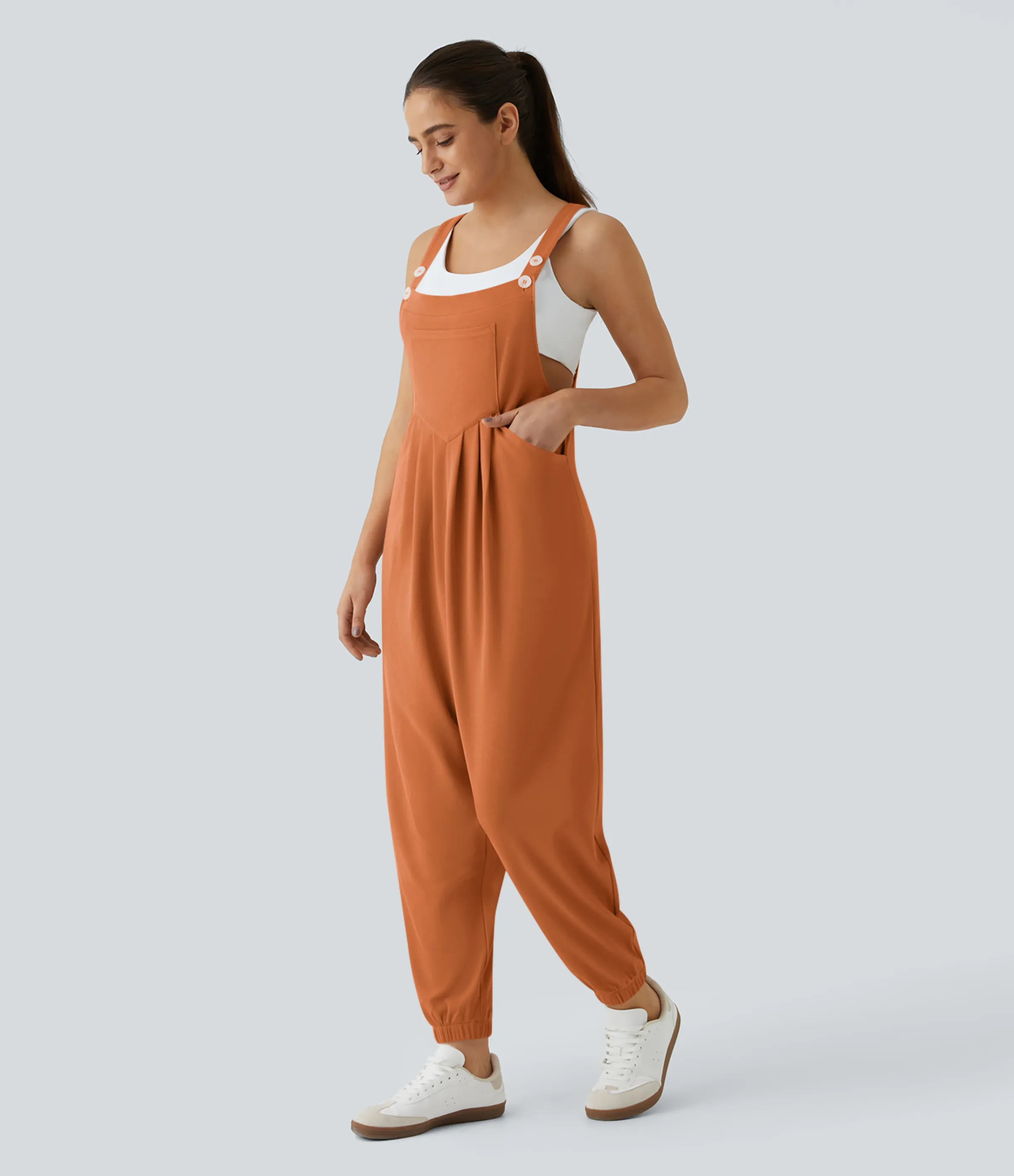 Halara Overol jogger botón correa ajustable bolsillo múltiple gofre plisado - Apricot Orange - L(regular) sold by Halara product image thumbnail 4