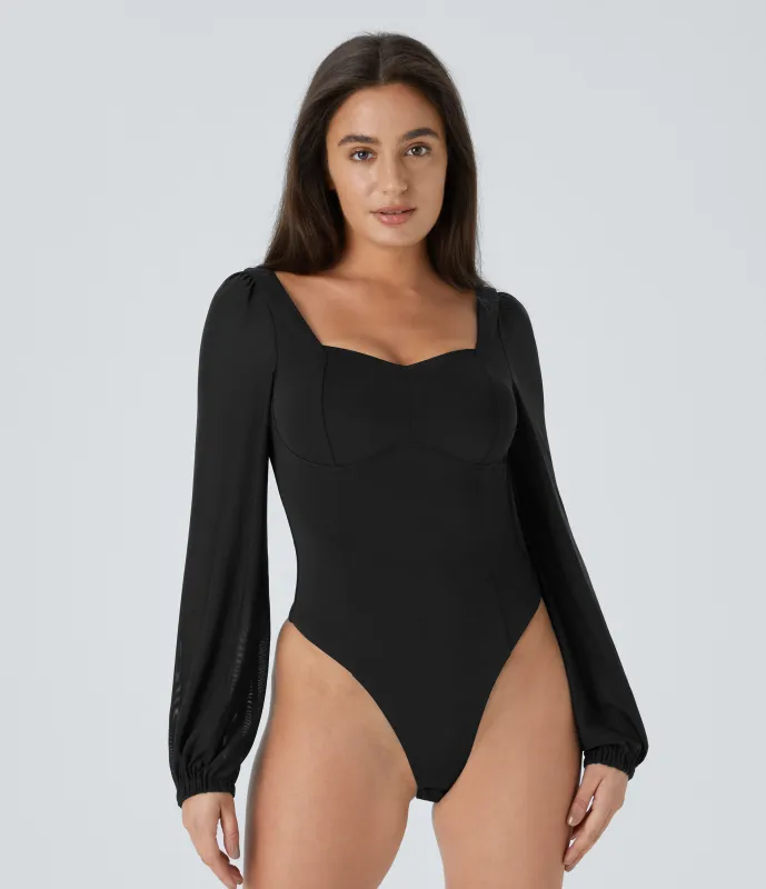 Halara Body Softlyzero™ Airy tacto frío botón manga obispo malla contrastante cuello corazón sin espalda-UPF50+ - Black - S made by Halara