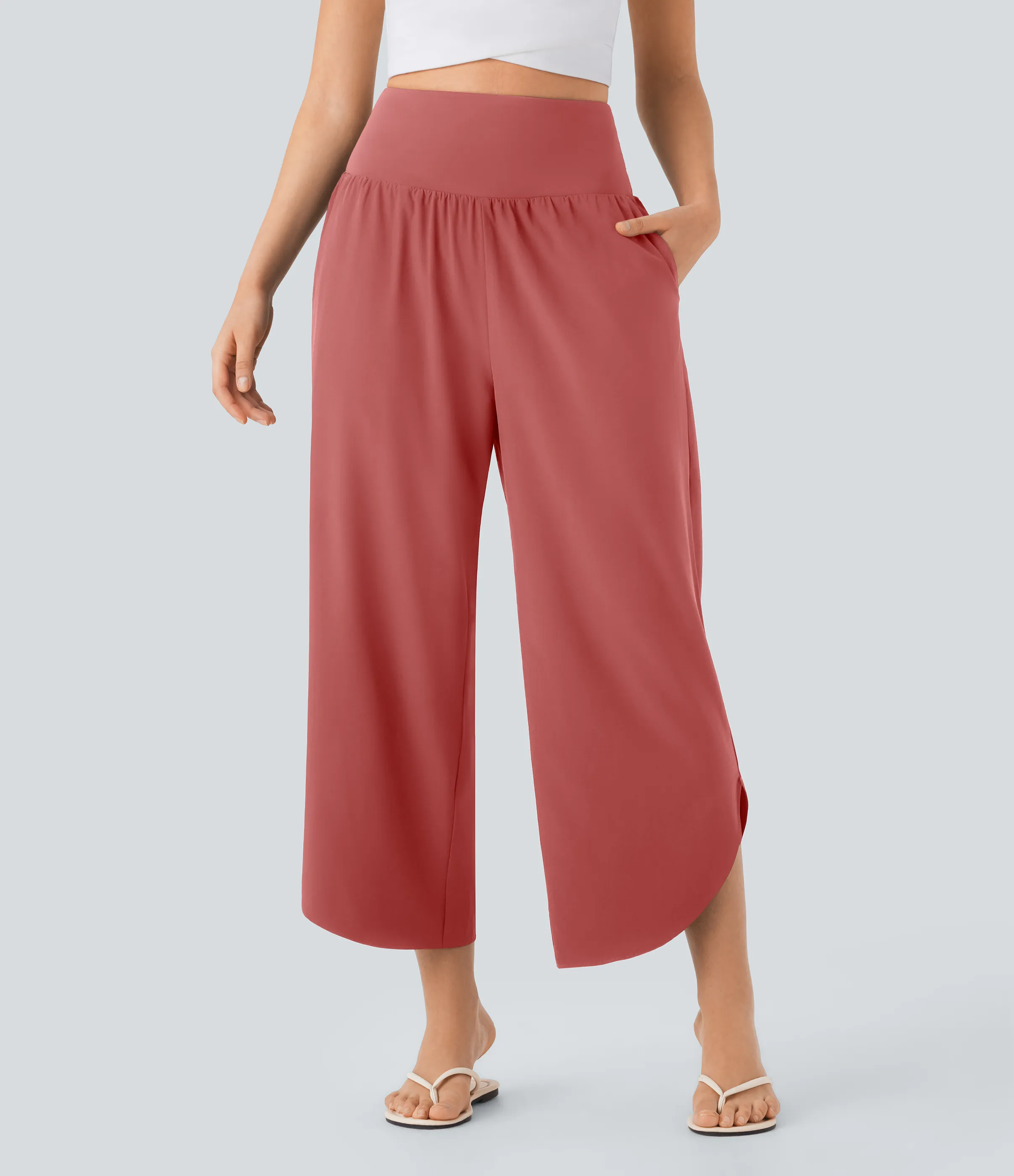 Halara Pantalón SoCinched resort secado rápido dobladillo dividido bolsillo lateral control abdomen tiro alto - Kapok Red - S(regular) sold by Halara product image thumbnail 4