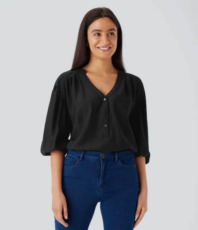 Halara Blusa gran tamaño cuello V manga obispo - Black - XS made by Halara