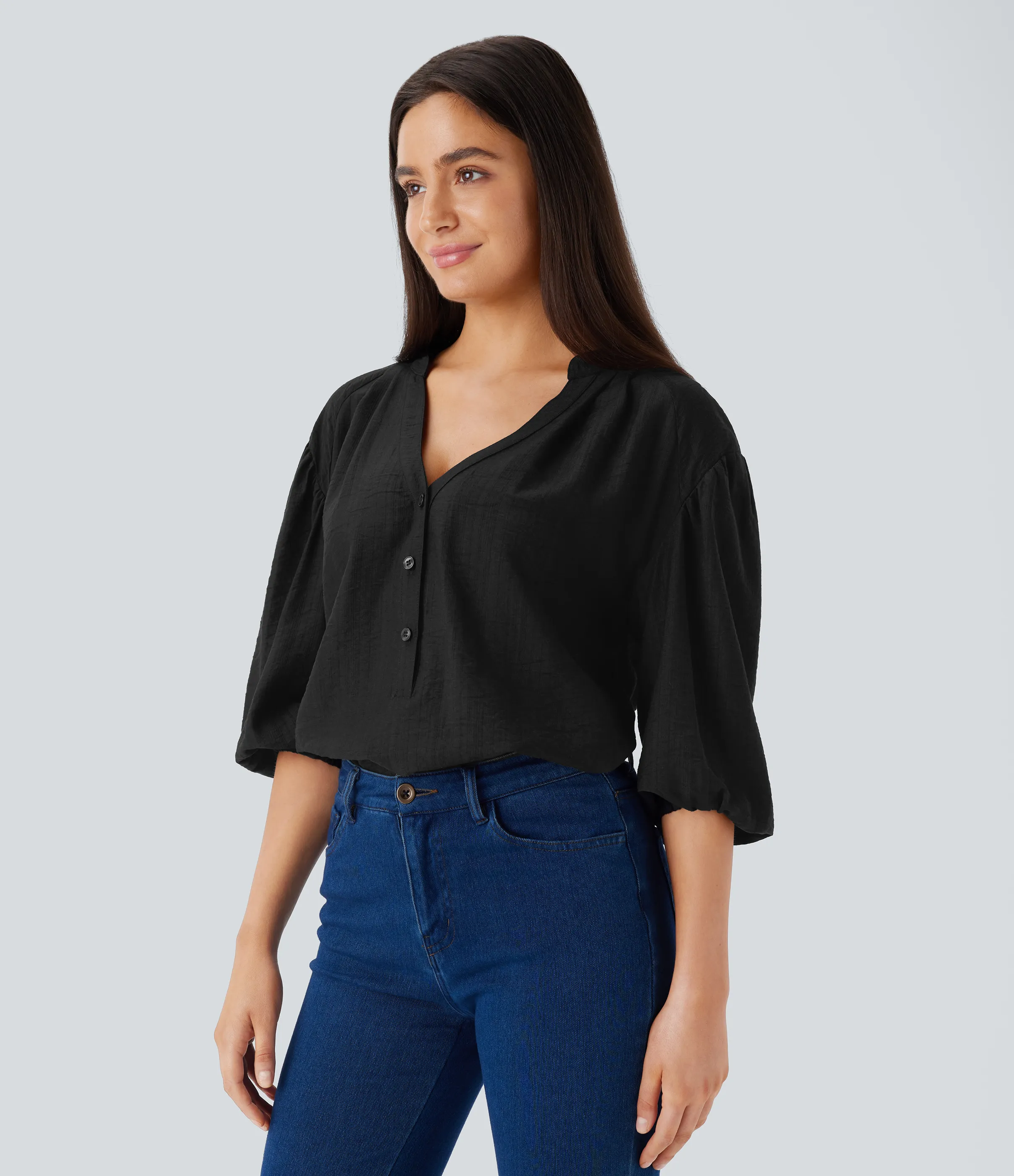 Halara Blusa gran tamaño cuello V manga obispo - Black - XS sold by Halara product image thumbnail 4