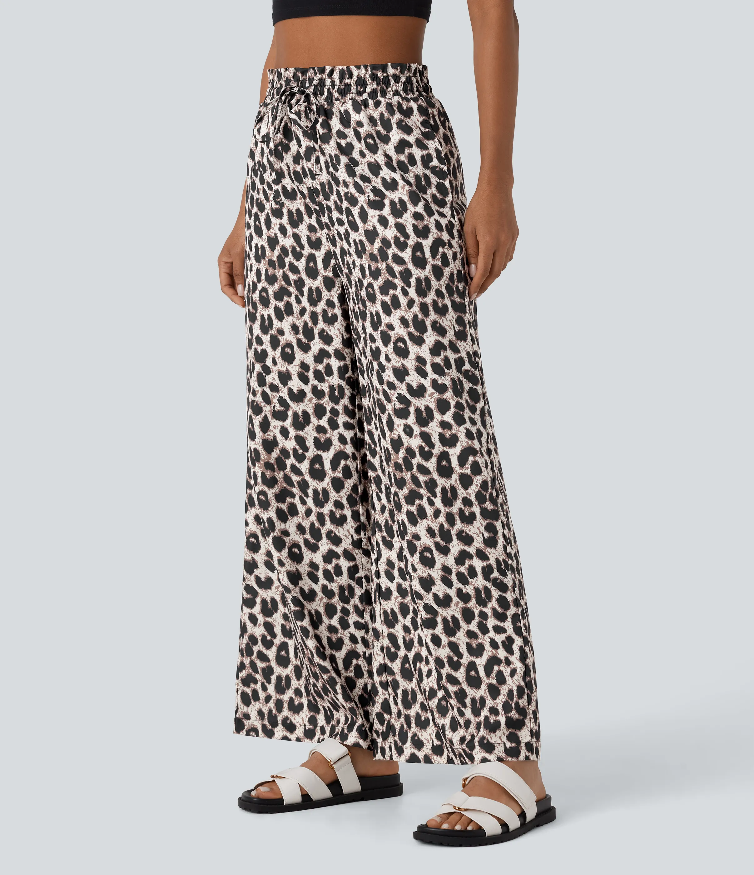 Halara Pantalón pierna ancha estampado leopardo bolsillo lateral cordón tiro alto - Gold Leopard Print - XS(regular) sold by Halara product image thumbnail 4