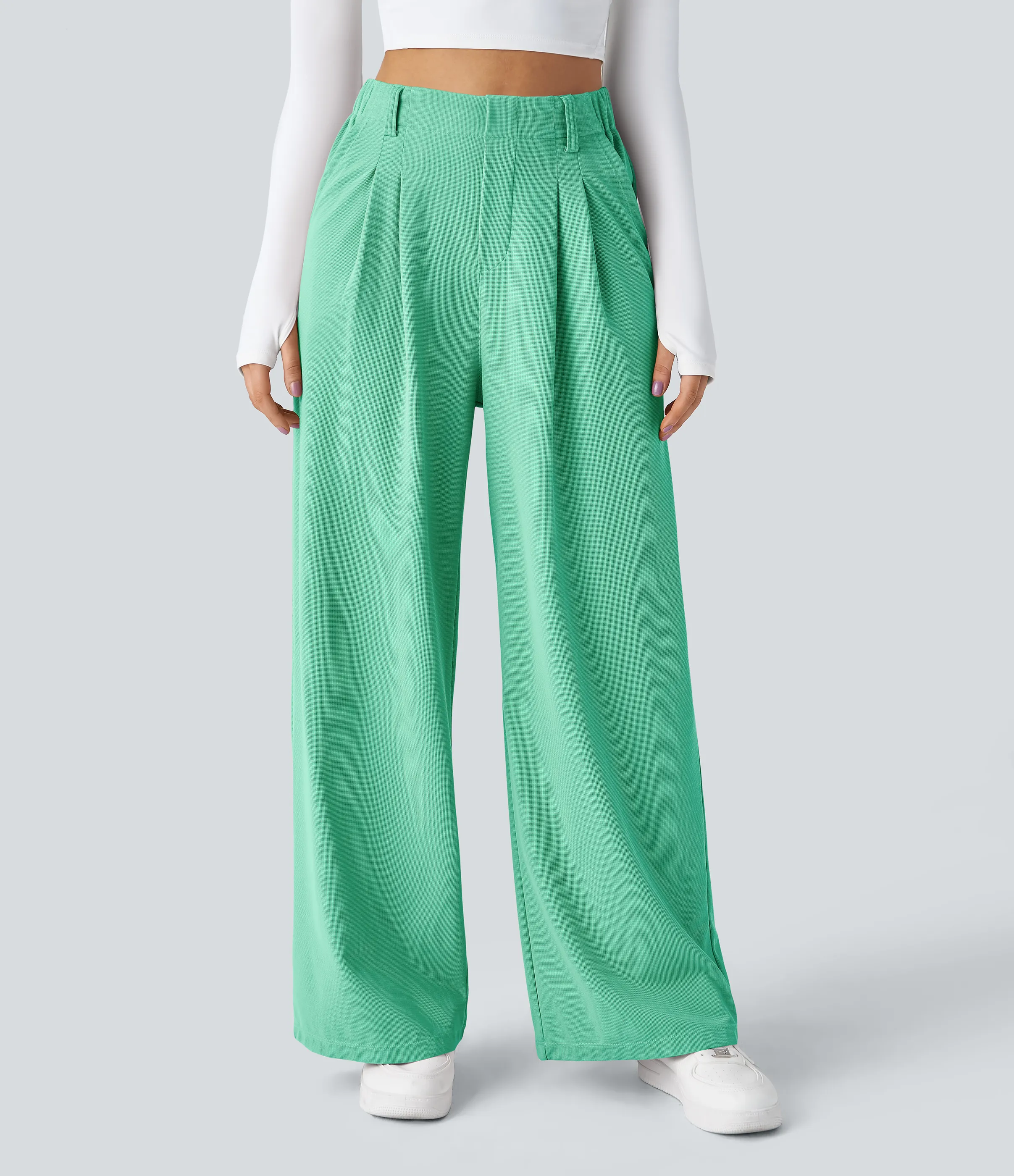 Halara Pantalones Halara Flex™ de oficina anchos plisados de tiro alto con bolsillos en tela tipo gofre - Light Sea Green - L(regular) sold by Halara product image thumbnail 4