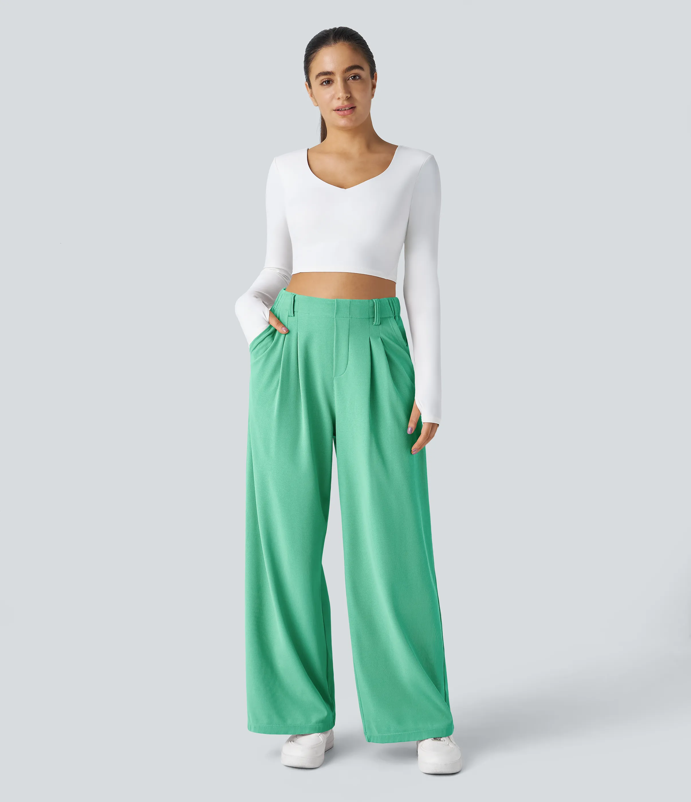 Halara Pantalones Halara Flex™ de oficina anchos plisados de tiro alto con bolsillos en tela tipo gofre - Light Sea Green - L(regular) sold by Halara product image thumbnail 5