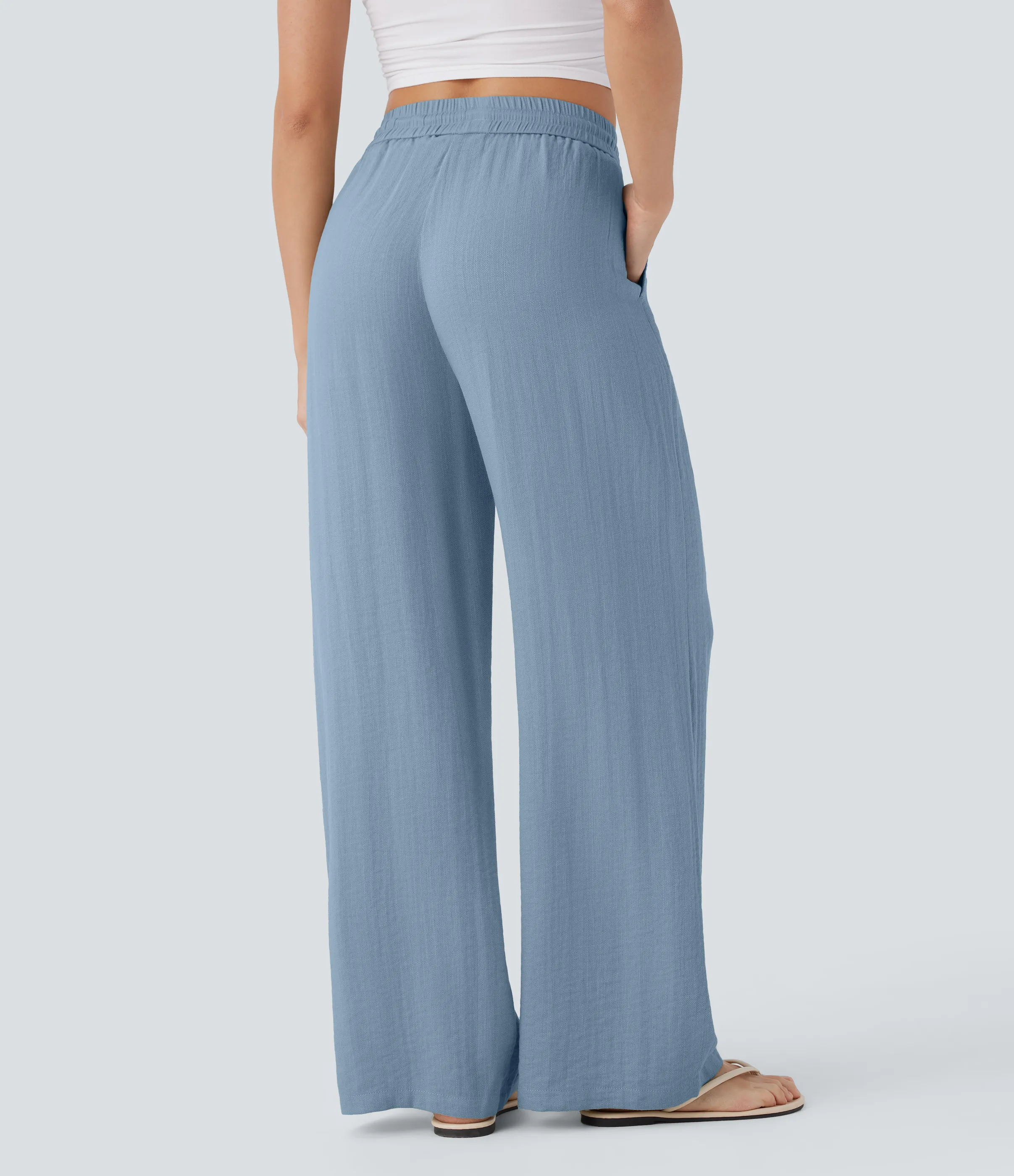Halara Pantalón lino tiro alto cordón ajustable bolsillo lateral pierna ancha - Mountain Spring - XS(petite) sold by Halara product image thumbnail 3