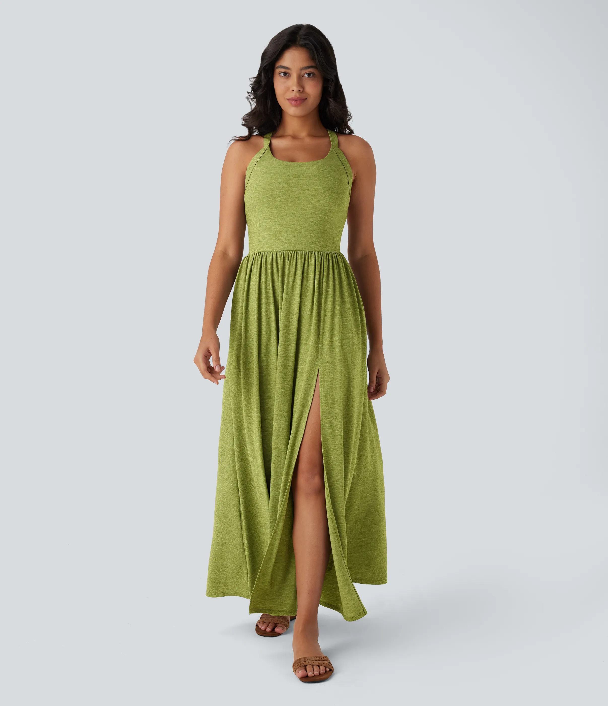 Halara Vestido largo playero fluido con abertura y bolsillos laterales y espalda abierta cruzada - Soft Meadow Green - XL sold by Halara product image thumbnail 3