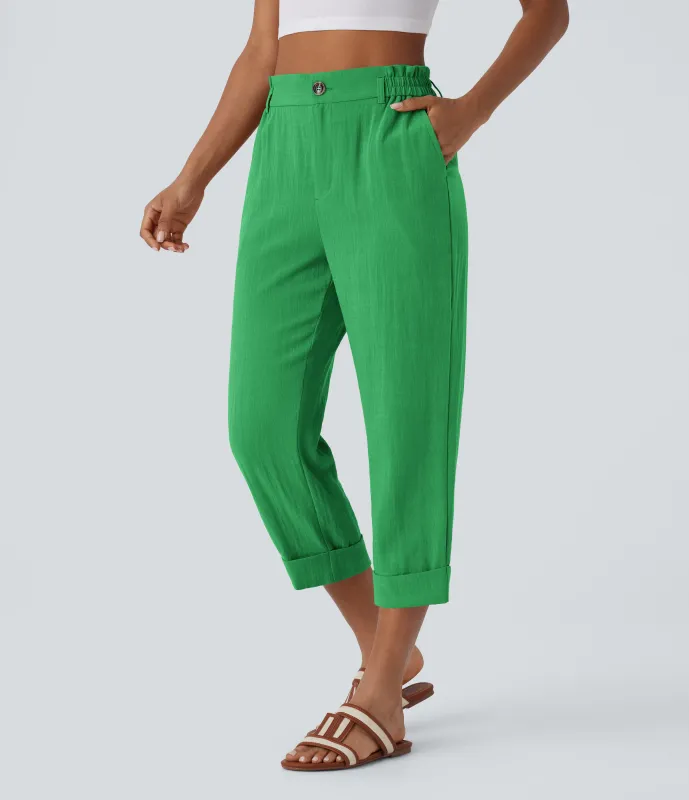 Halara Pantalón capri lino tiro alto bolsillo lateral cremallera botón - Kelly Green - L(regular) made by Halara