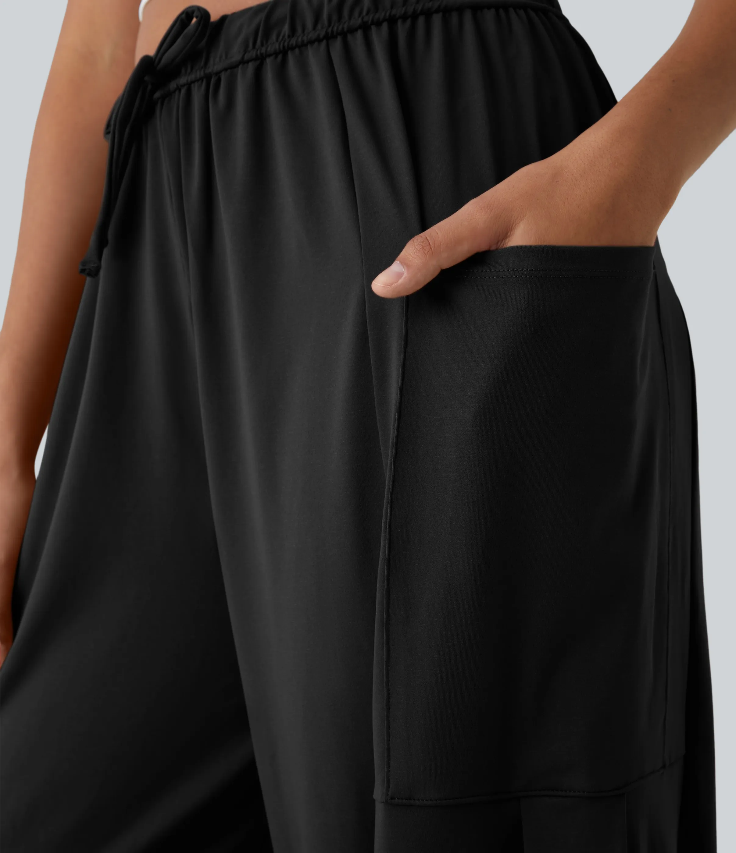 Halara Pantalón pierna ancha fluido palazzo bolsillo lateral cordón ajustable cintura elástica tiro medio - Black - L(regular) sold by Halara product image thumbnail 5