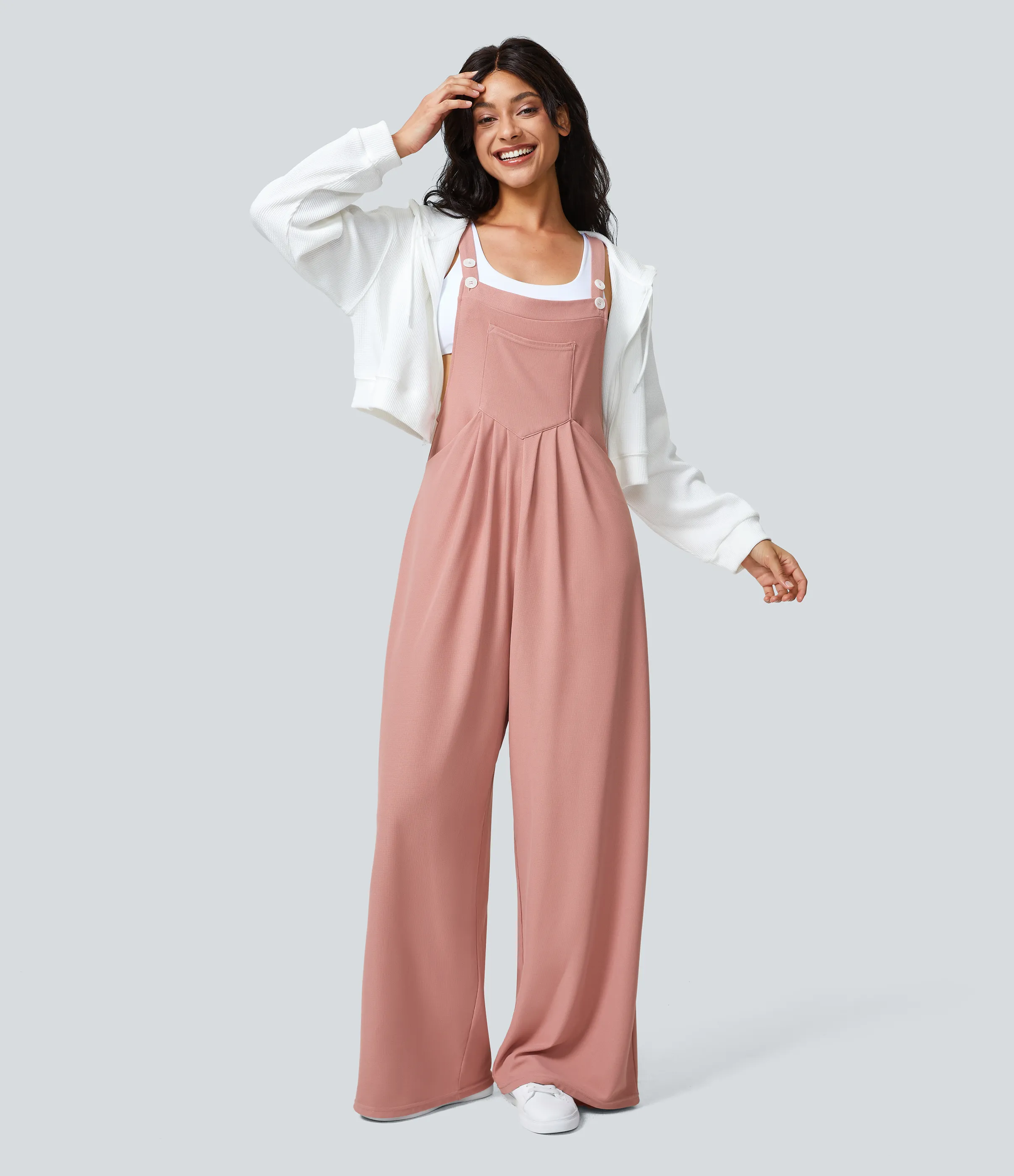 Halara Overol botón correa ajustable bolsillo múltiple gofre plisado - Rose Tan - L(tall) sold by Halara