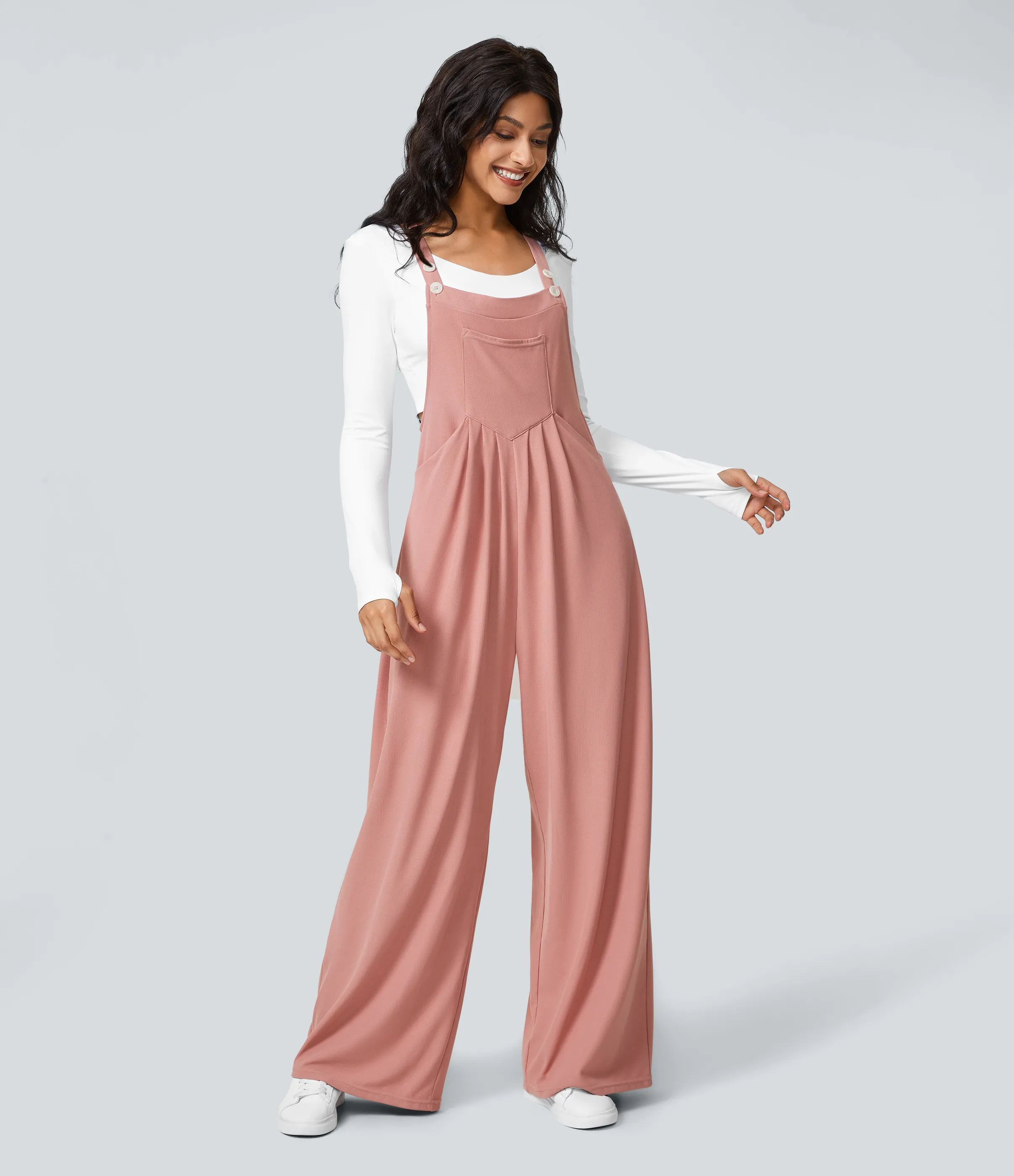 Halara Overol botón correa ajustable bolsillo múltiple gofre plisado - Rose Tan - L(tall) sold by Halara product image thumbnail 3