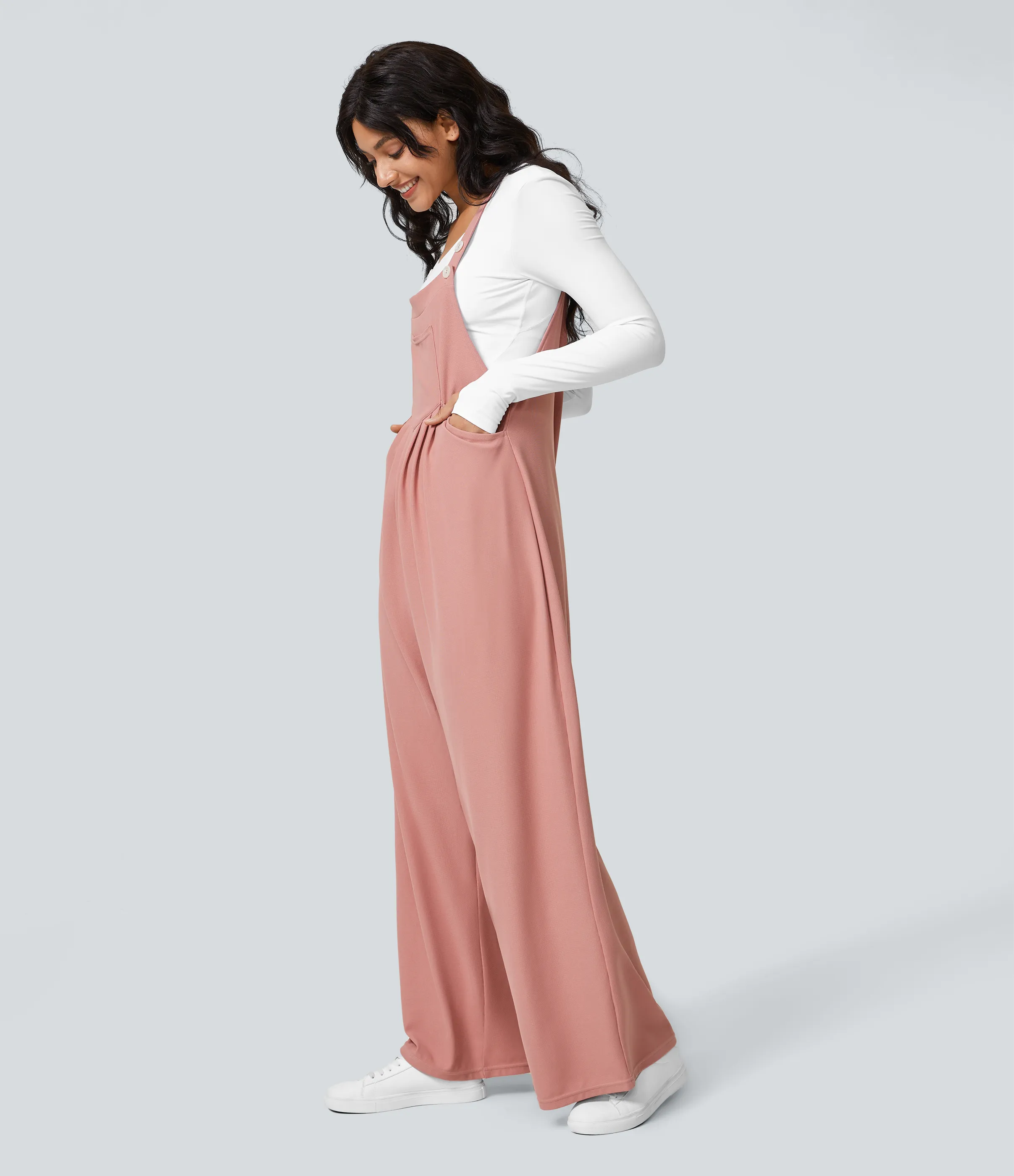 Halara Overol botón correa ajustable bolsillo múltiple gofre plisado - Rose Tan - L(tall) sold by Halara product image thumbnail 5