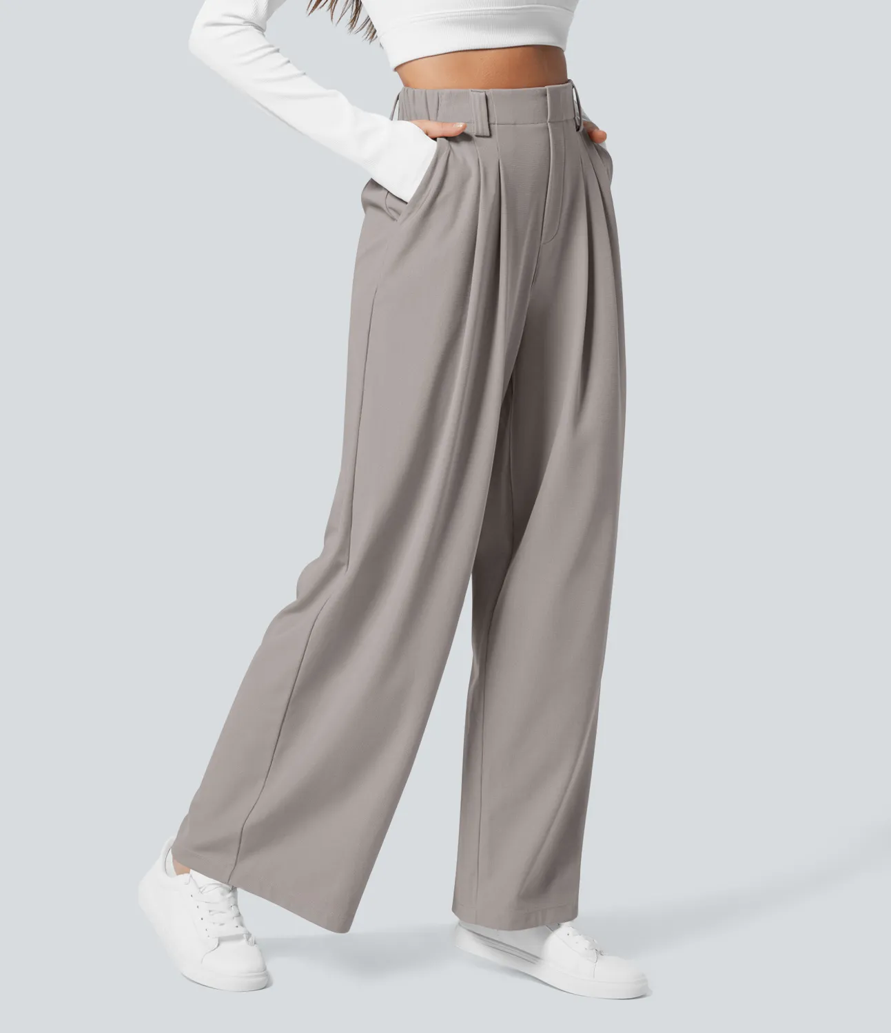 Halara Pantalones Halara Flex™ de oficina anchos plisados de tiro alto con bolsillos en tela tipo gofre - Mink Ash - XS(regular) sold by Halara