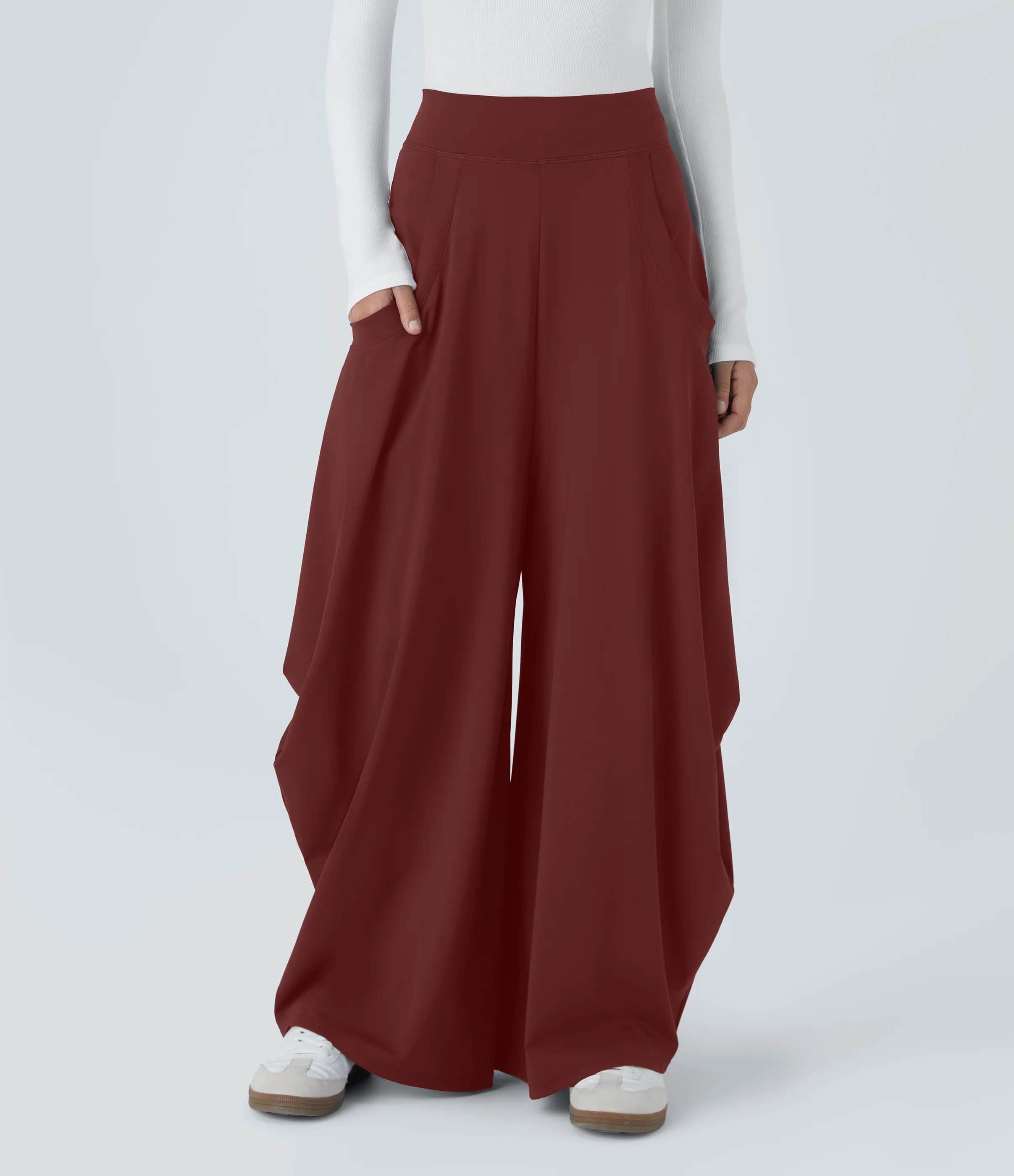 Halara Pantalón drapeado de pierna ancha y tiro medio con múltiples bolsillos - Madder Brown - M(regular) sold by Halara