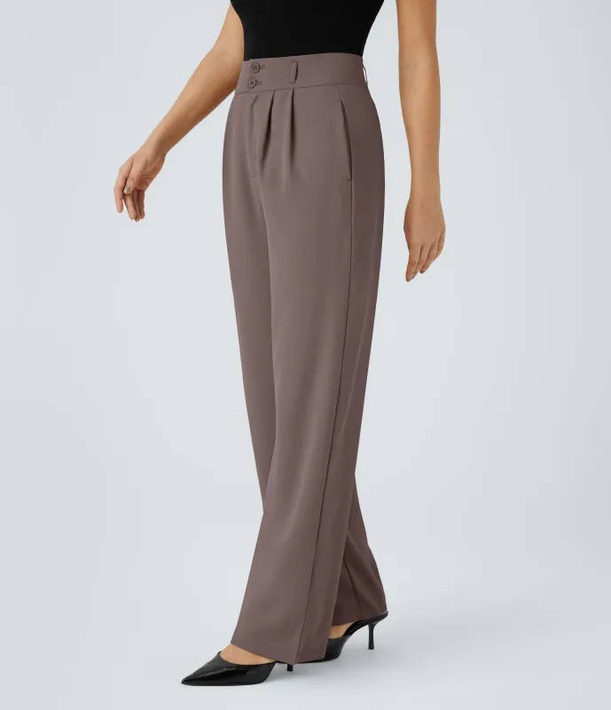 Halara Pantalón oficina tiro alto botón cremallera bolsillo lateral fruncido pierna recta - Roselle Purple - M(regular) made by Halara