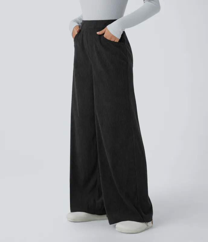 Halara Pantalón oficina pana tiro alto cremallera invisible múltiple bolsillo pierna ancha - Black - L(regular) made by Halara
