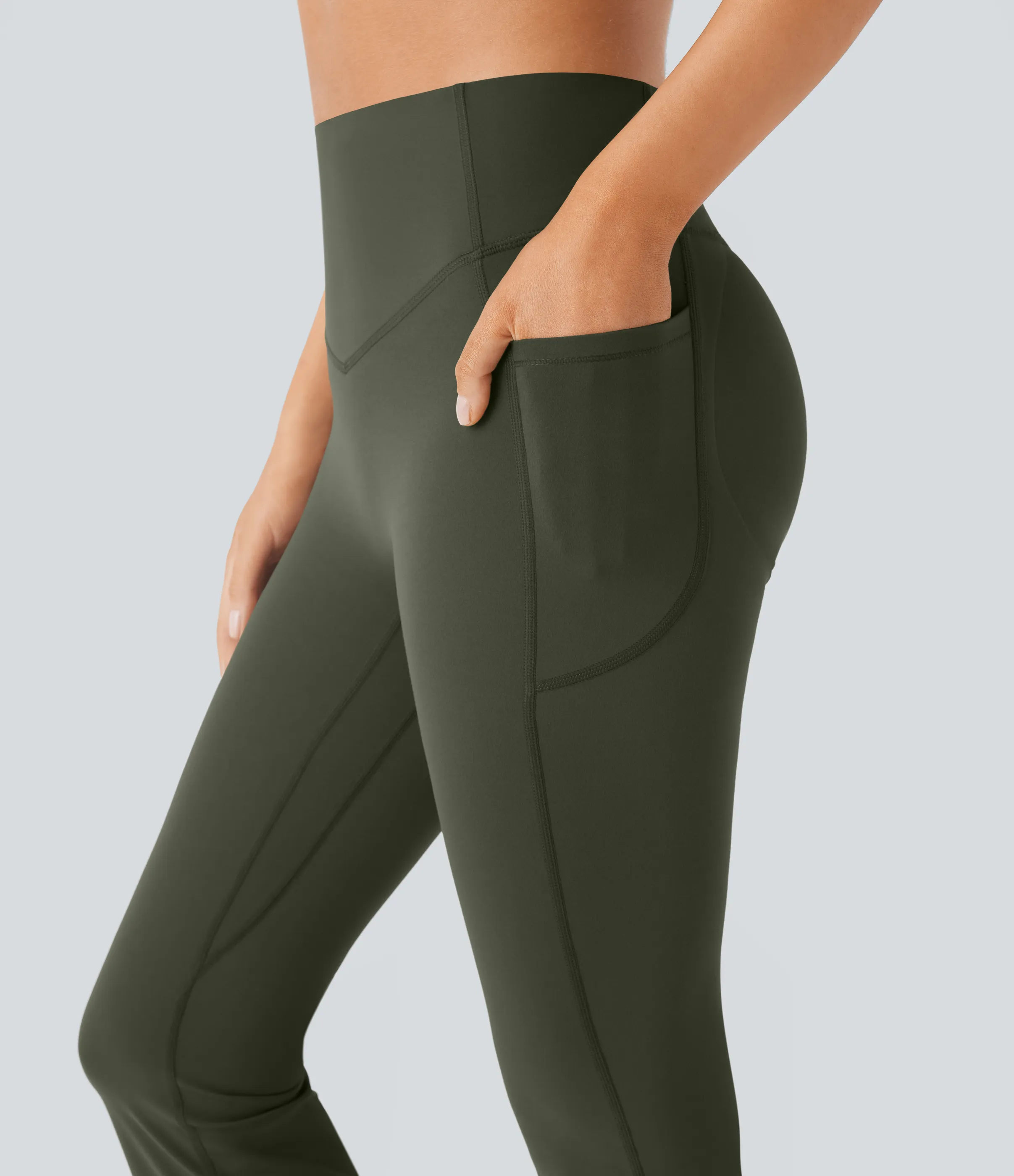 Halara Leggings SoCinched UltraSculpt Bootcut yoga tiro alto realce glúteo bolsillo lateral control abdomen moldeador - Deep Woodland Green - L(petite) sold by Halara product image thumbnail 5
