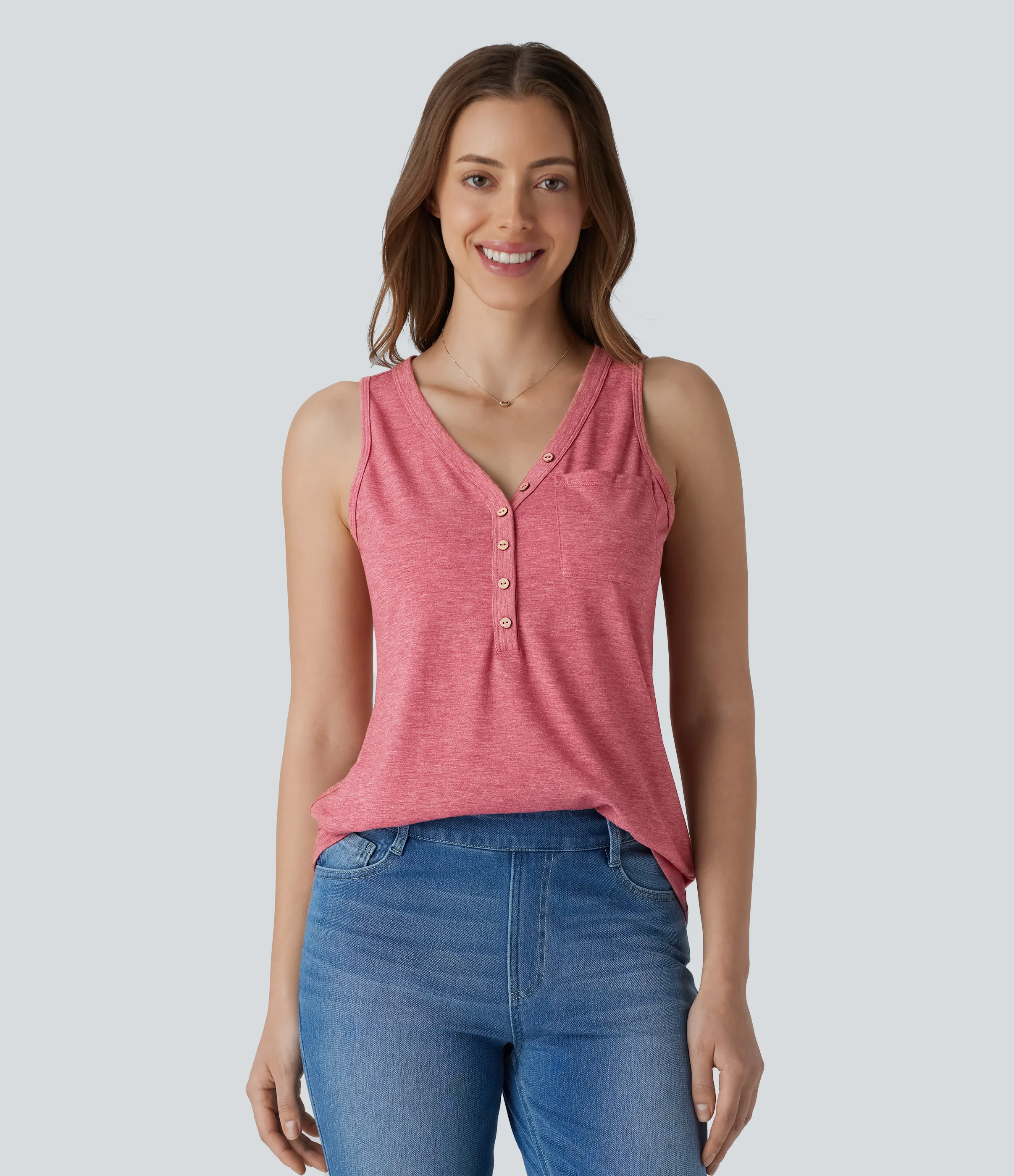Halara Blusa sin mangas cuello V botón decorativo - Brick Red Mix - XS sold by Halara product image thumbnail 2