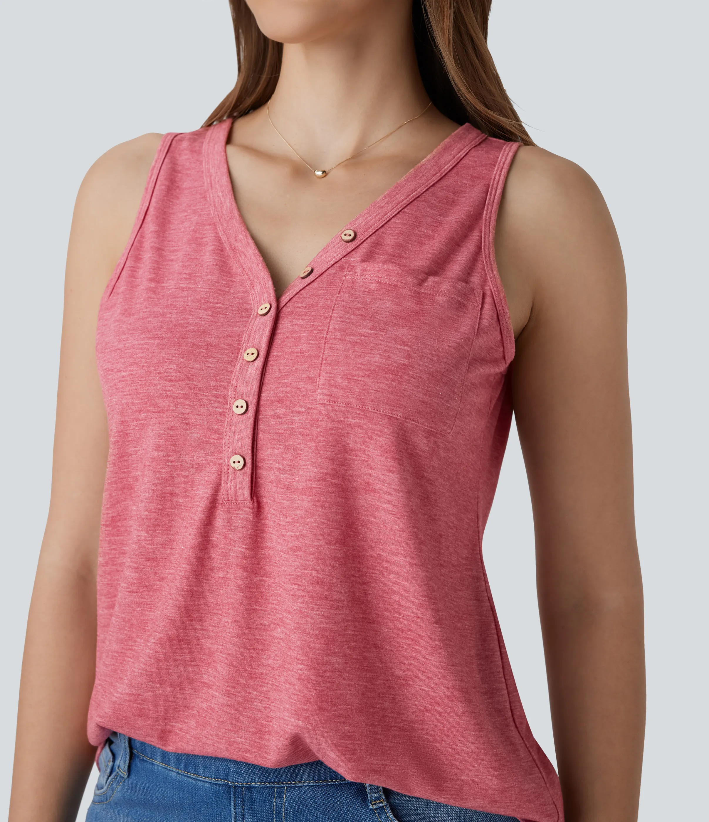 Halara Blusa sin mangas cuello V botón decorativo - Brick Red Mix - XS sold by Halara product image thumbnail 5