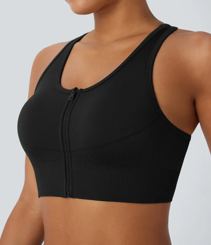 Halara Top corto de yoga sin costuras con espalda nadadora y cremallera - Black - XS made by Halara