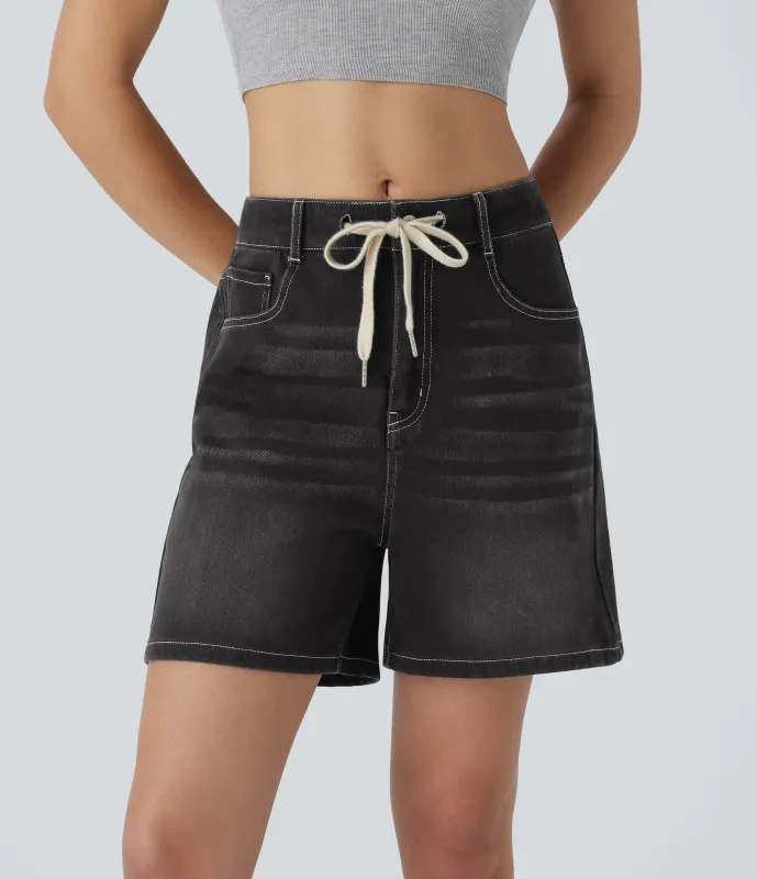 Halara Pantalón corto Halara Flex™ Denim mezclilla elástico lavado múltiple bolsillo cordón tiro medio - Dirty Black Denim - XS(regular) made by Halara