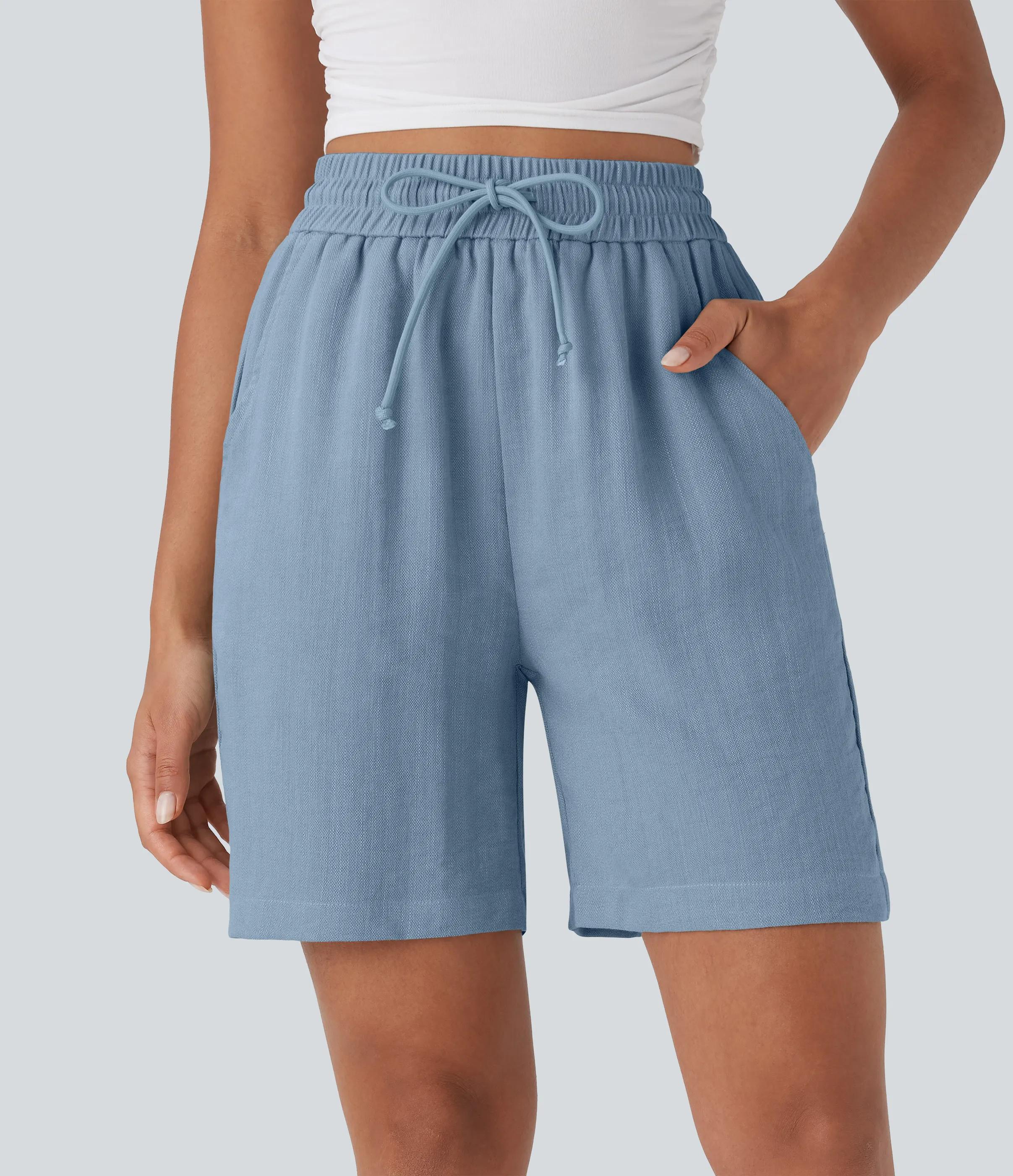 Halara Shorts casuales de lino con tiro alto y cordón ajustable con bolsillos laterales - Mountain Spring - XS sold by Halara