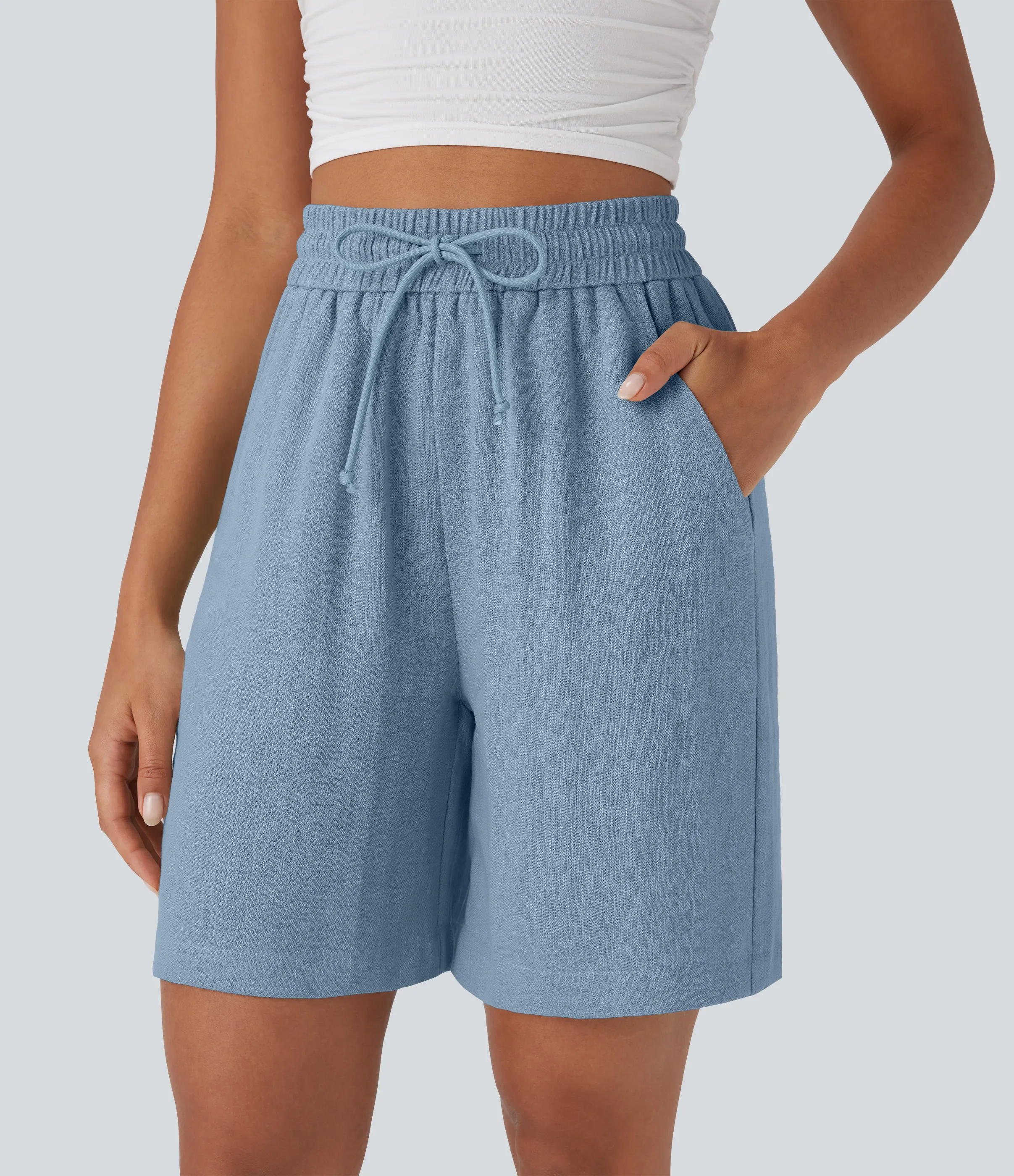 Halara Shorts casuales de lino con tiro alto y cordón ajustable con bolsillos laterales - Mountain Spring - XS sold by Halara product image thumbnail 4