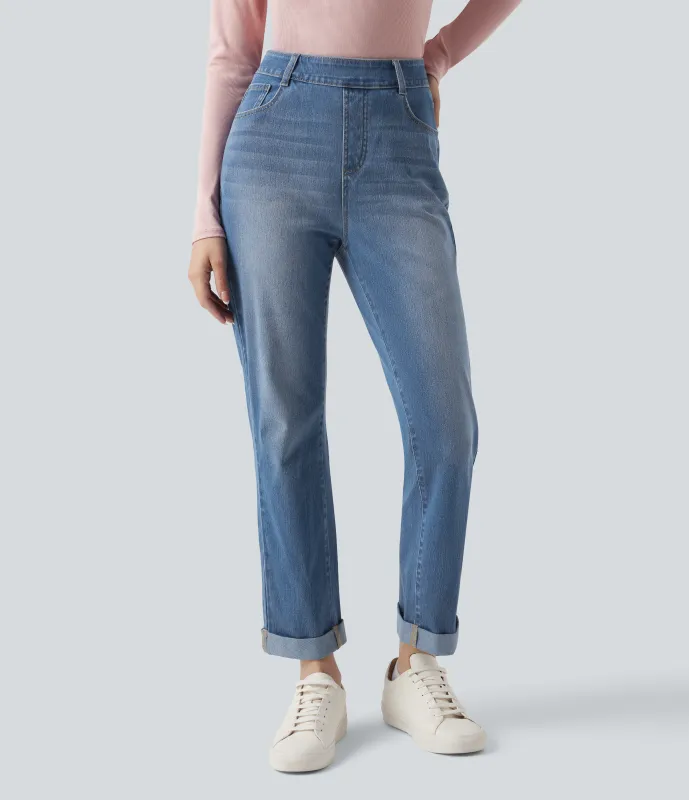 Halara Jeans ajustados casuales Halara Flex™ de tiro alto con dobladillo enrollado y bolsillos  -  Blue Jasper Denim - S(petite) made by Halara