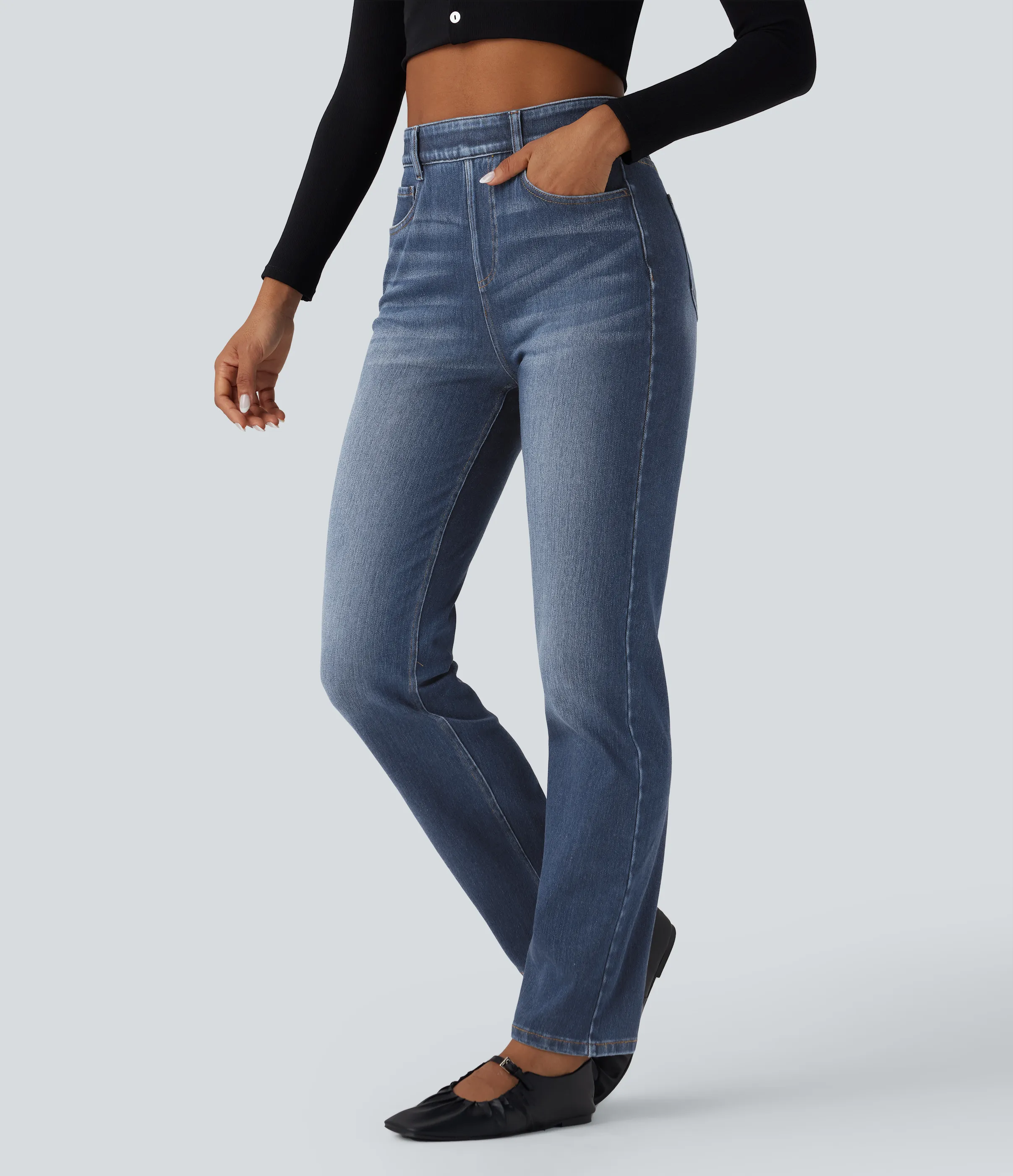 Halara Jeans ajustados casuales Halara Flex™ de tiro alto con control de abdomen y bolsillos - Blue Surf Denim - S(regular) sold by Halara product image thumbnail 4