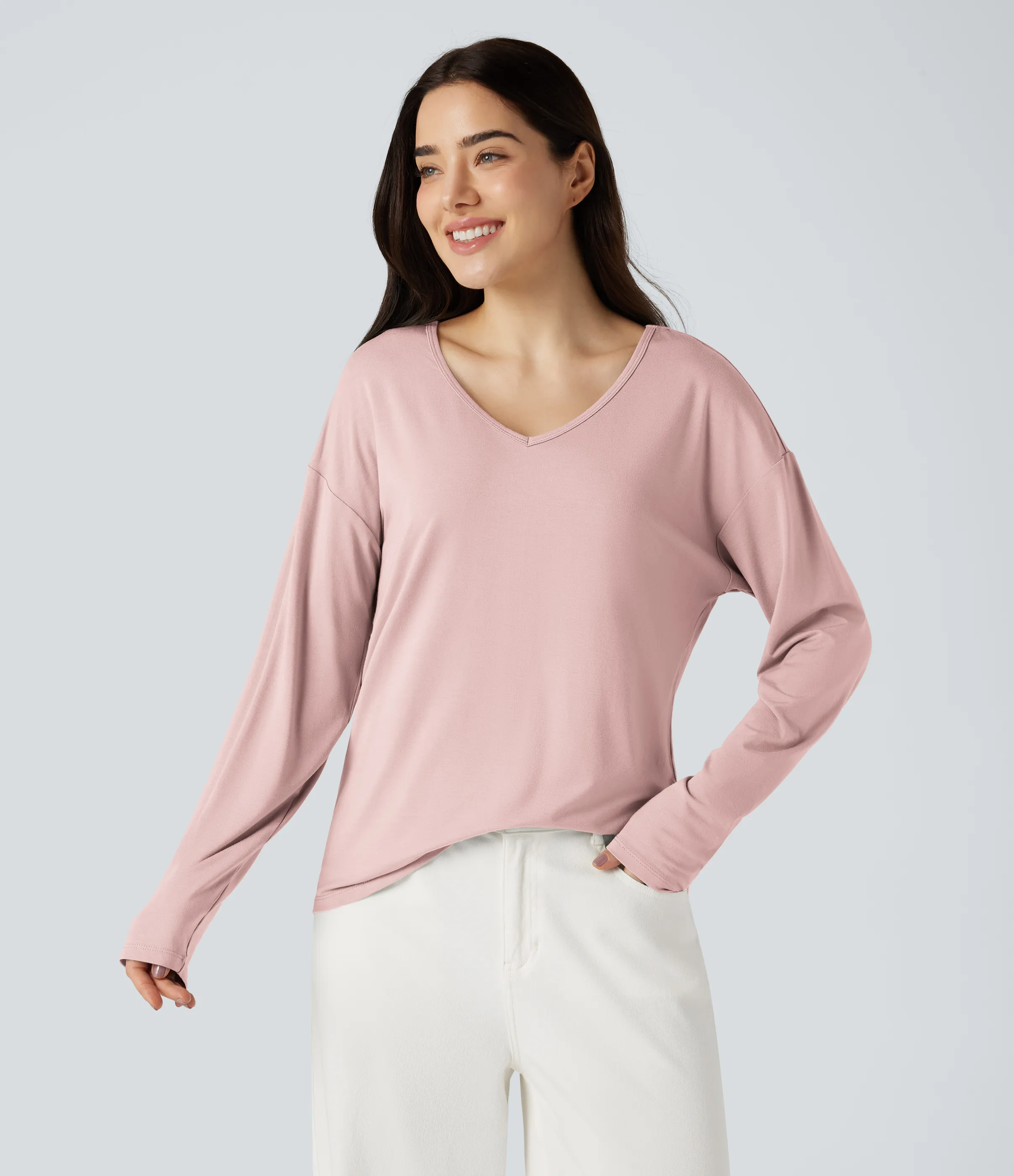 Halara Top casual de manga larga con cuello en V - Light Elegant Pink - XS sold by Halara