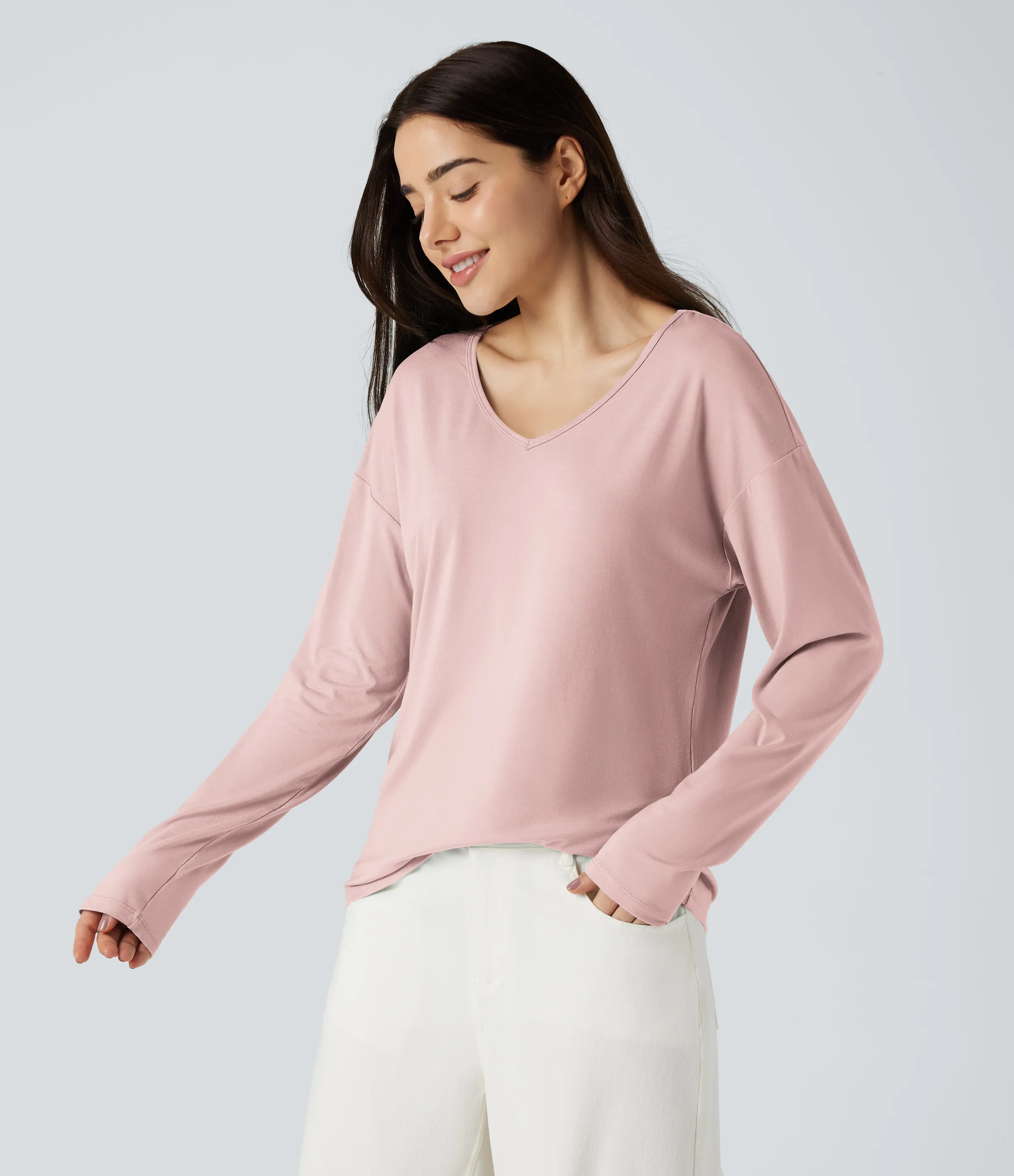 Halara Top casual de manga larga con cuello en V - Light Elegant Pink - XS sold by Halara product image thumbnail 4