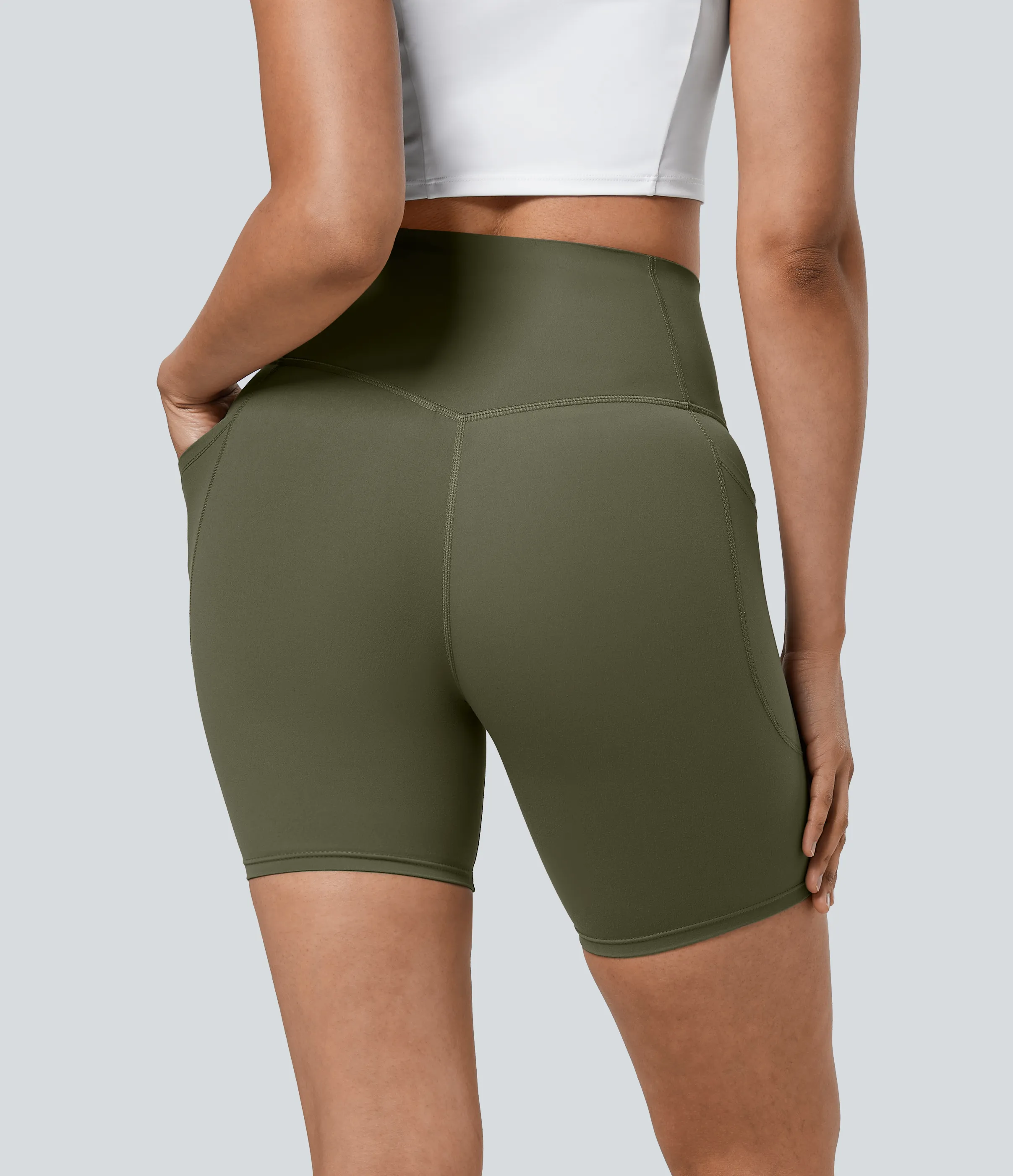 Halara Pantalones cortos SoCinched motociclista entrenamiento moldeador abdomen bolsillo lateral tiro alto 17.5cm - Grass Grey Green - S sold by Halara product image thumbnail 3