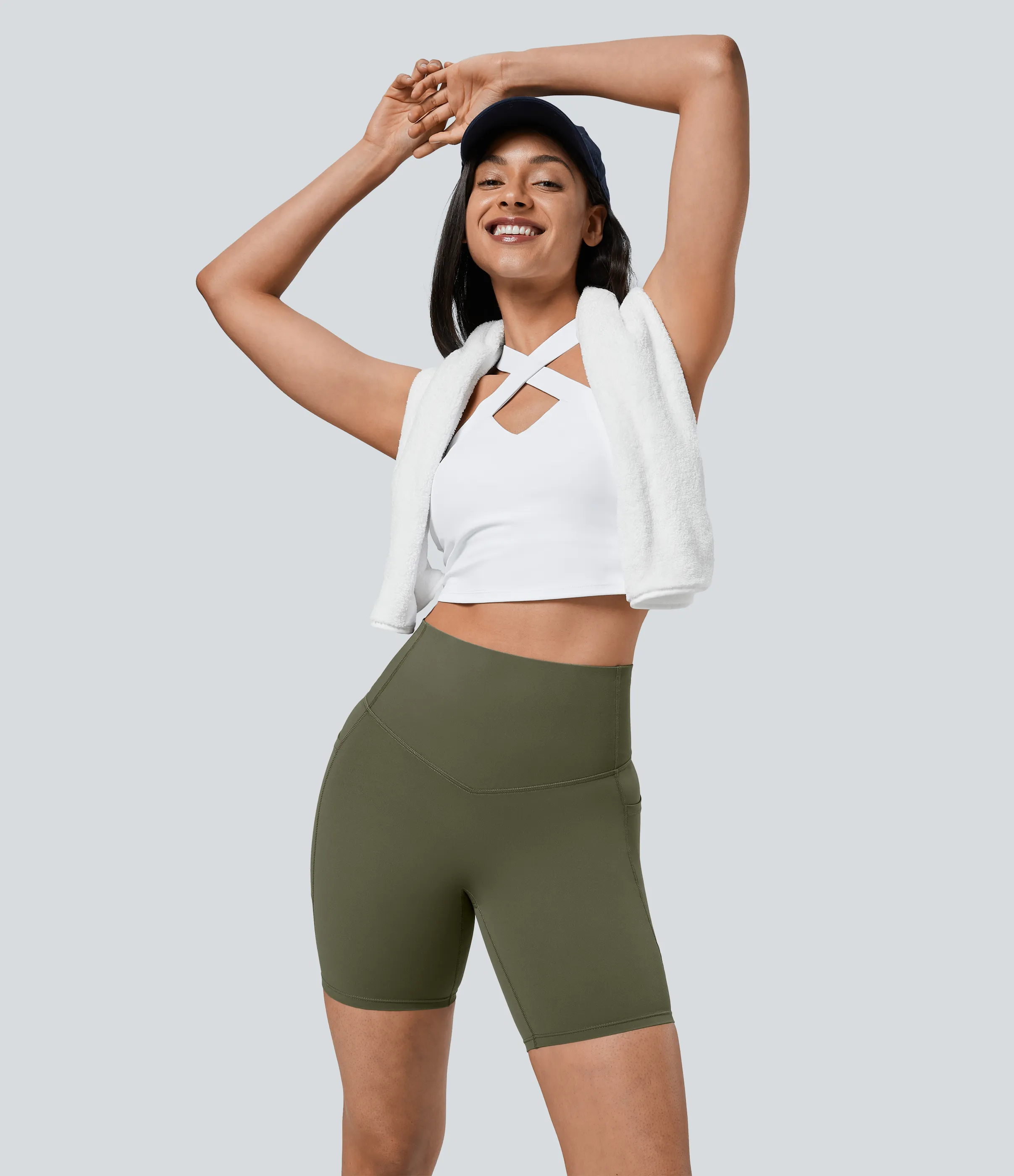 Halara Pantalones cortos SoCinched motociclista entrenamiento moldeador abdomen bolsillo lateral tiro alto 17.5cm - Grass Grey Green - S sold by Halara product image thumbnail 5