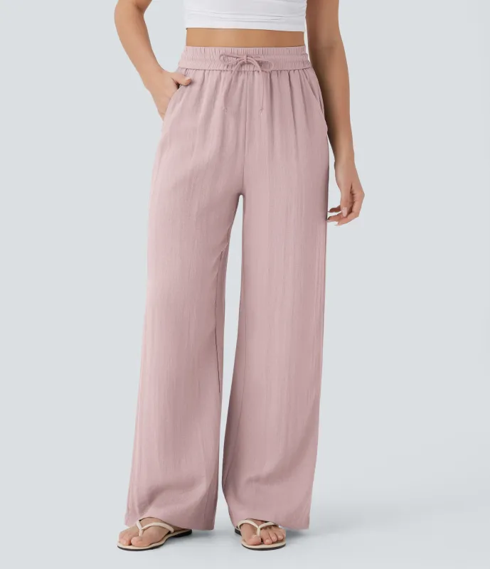 Halara Pantalón lino tiro alto cordón ajustable bolsillo lateral pierna ancha - Mauveglow - XS(petite) made by Halara