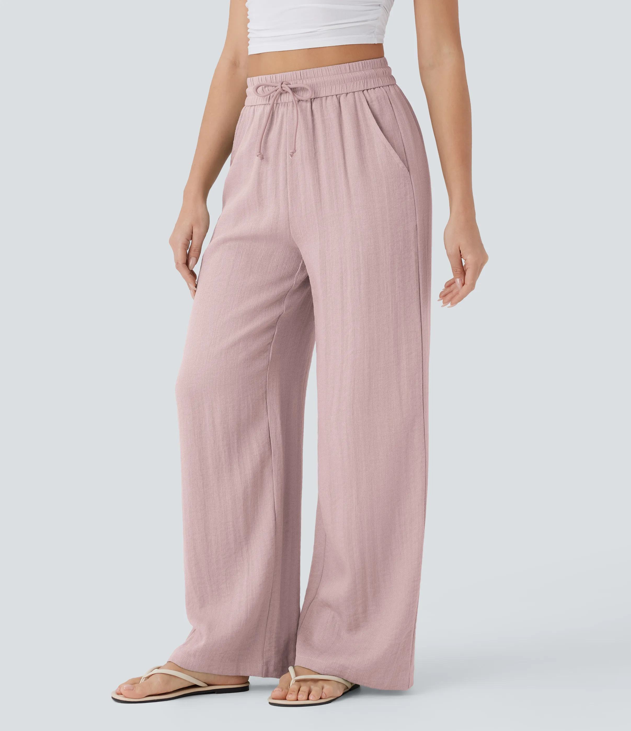Halara Pantalón lino tiro alto cordón ajustable bolsillo lateral pierna ancha - Mauveglow - XS(petite) sold by Halara product image thumbnail 4