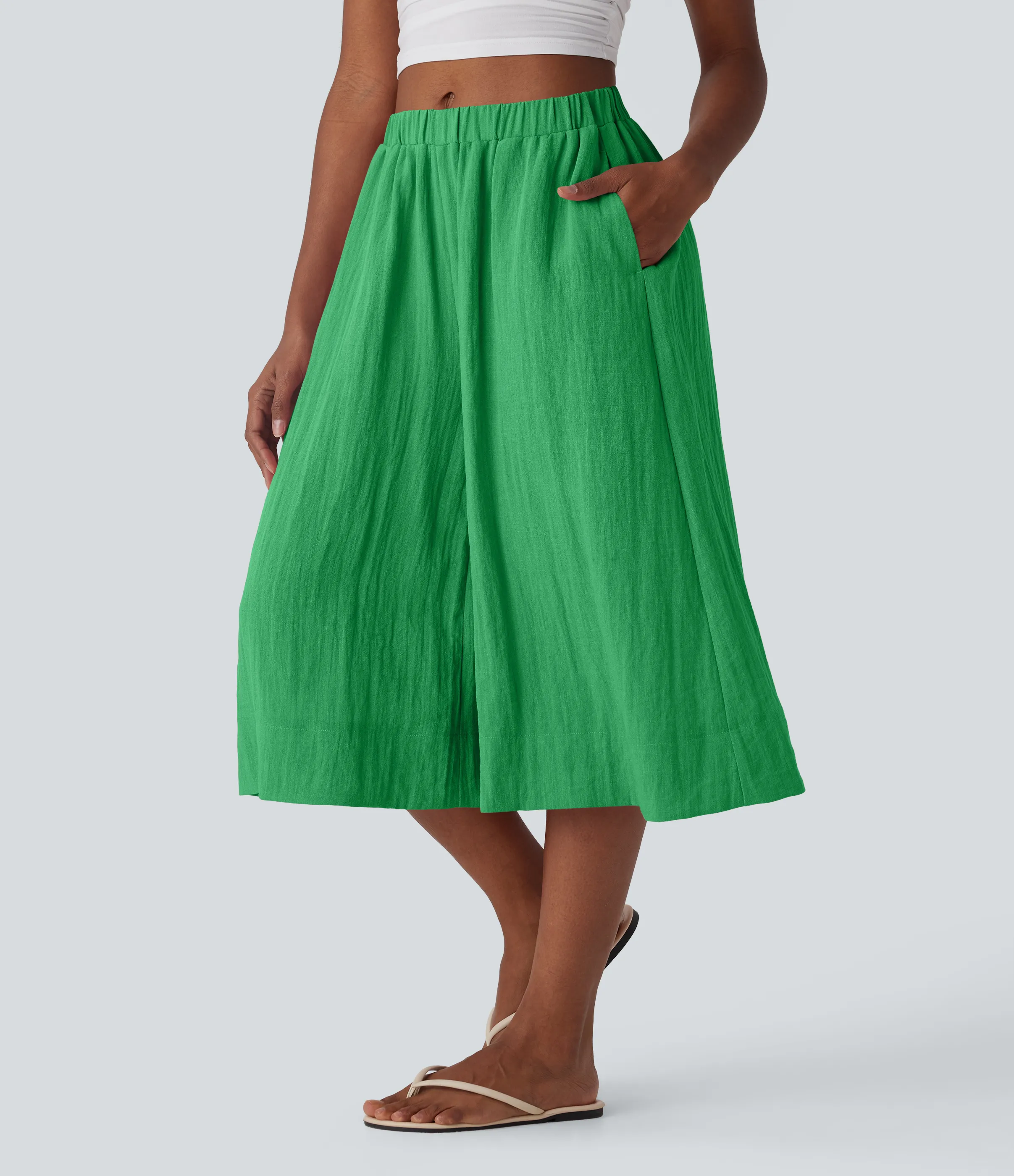 Halara Pantalones de lino anchos y fluidos de tiro medio con bolsillos laterales - Kelly Green - S(regular) sold by Halara product image thumbnail 4