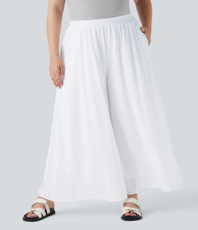 Halara Pantalones casuales de pierna ancha con superposición de malla y cintura alta de talla grande con bolsillos laterales - Natural White - 1X(regular) made by Halara
