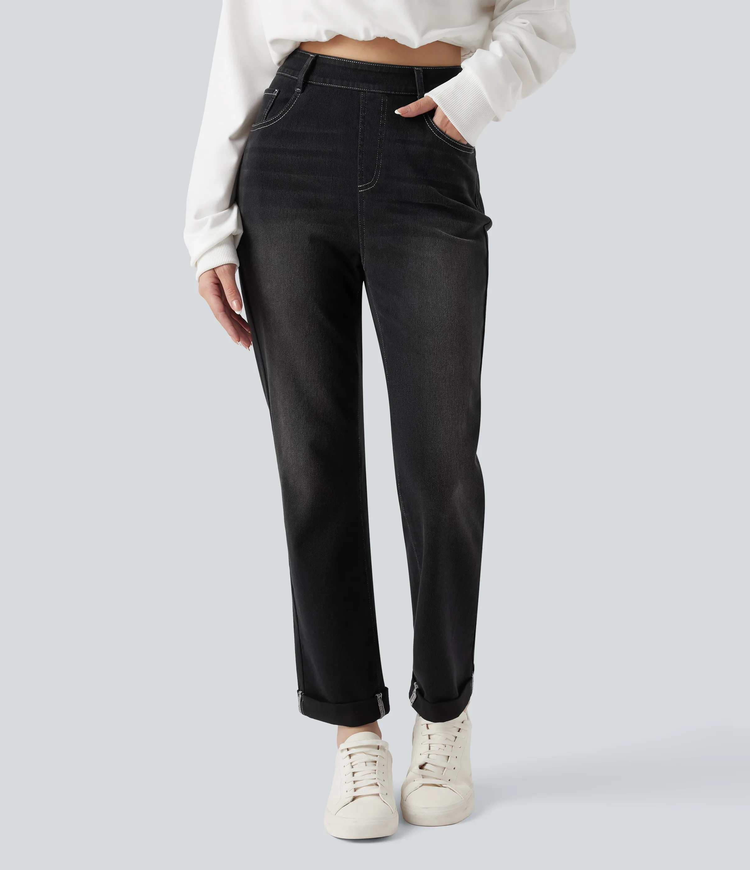 Halara Jeans ajustados casuales Halara Flex™ de tiro alto con dobladillo enrollado y bolsillos - Phantom Denim - M(petite) sold by Halara product image thumbnail 2