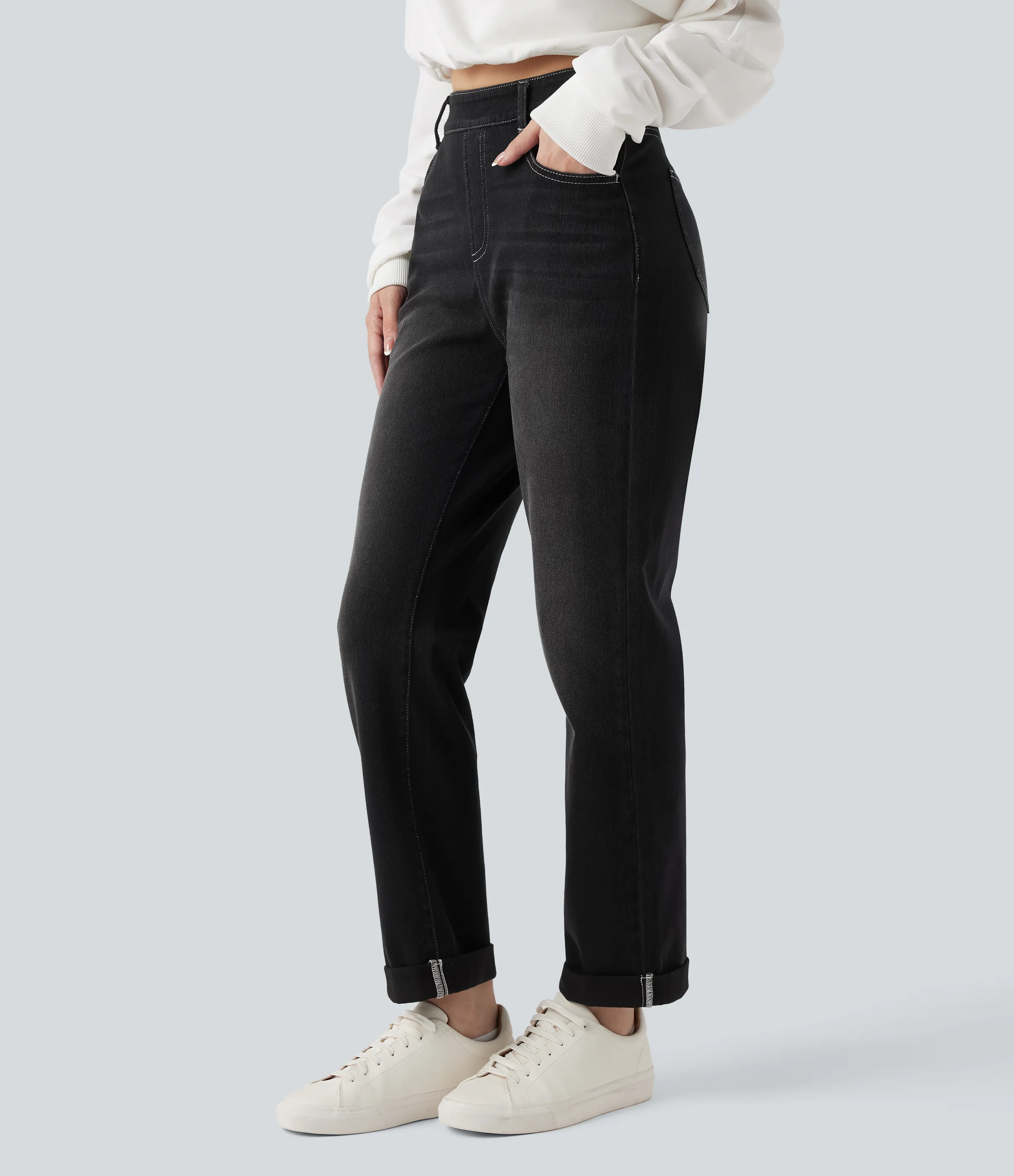Halara Jeans ajustados casuales Halara Flex™ de tiro alto con dobladillo enrollado y bolsillos - Phantom Denim - M(petite) sold by Halara product image thumbnail 4