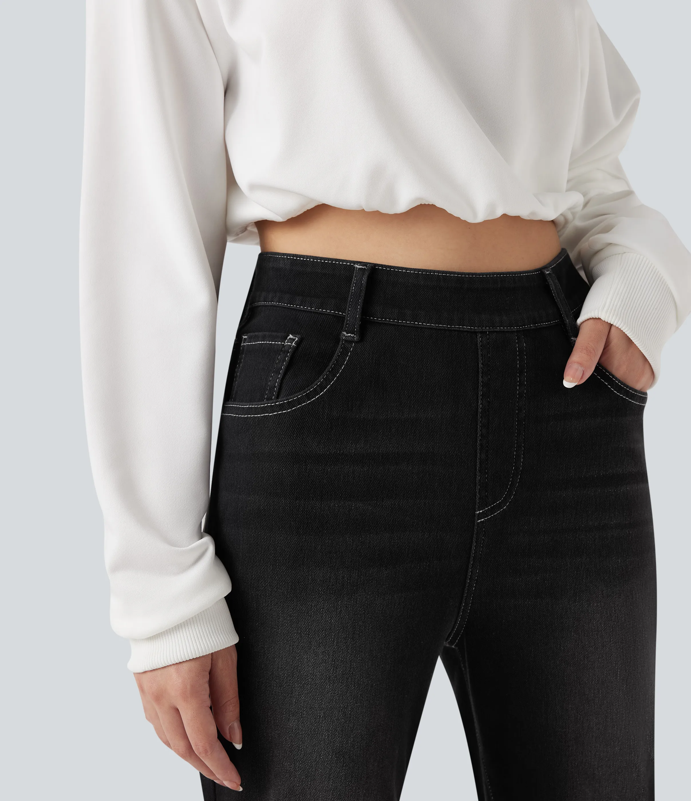Halara Jeans ajustados casuales Halara Flex™ de tiro alto con dobladillo enrollado y bolsillos - Phantom Denim - M(petite) sold by Halara product image thumbnail 5